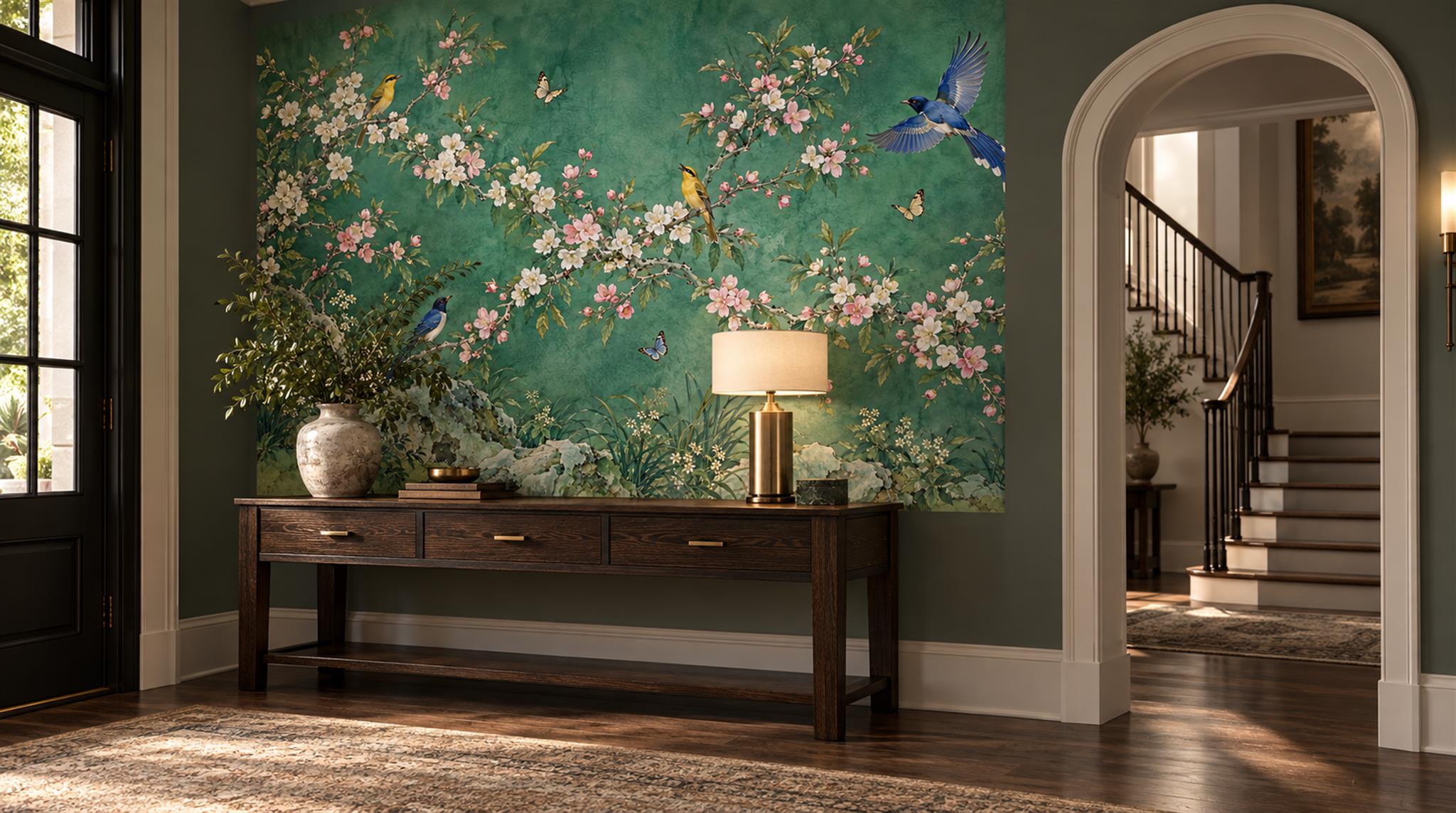 Red And Teal Decorative Patterning Painterly Wallpaper Mural Entryway-wallpaper-murals, Peel-and-stick Finish