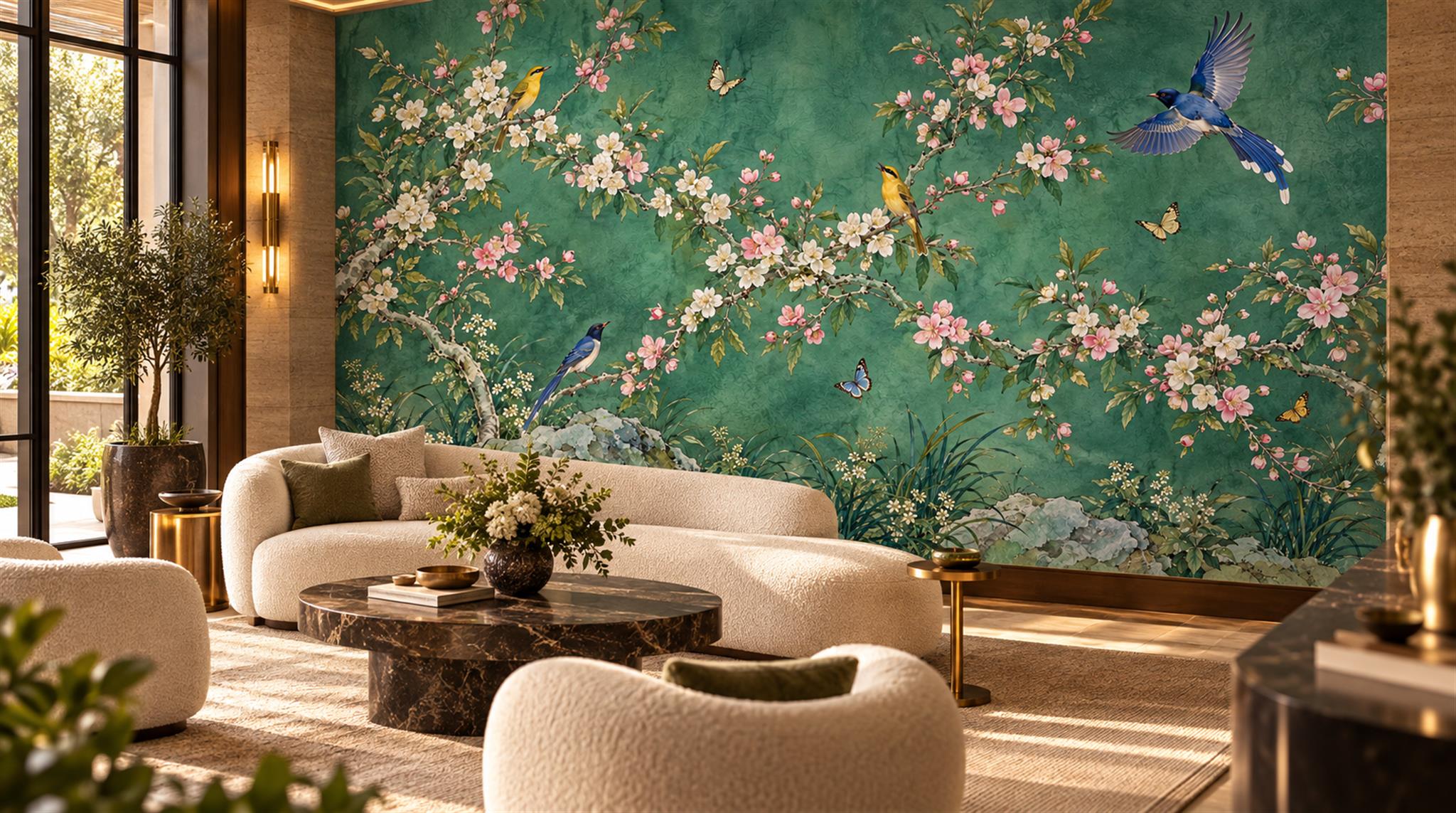 Red And Teal Decorative Patterning Painterly Wallpaper Mural Feature-wall-wallpaper-murals, Peel-and-stick Finish