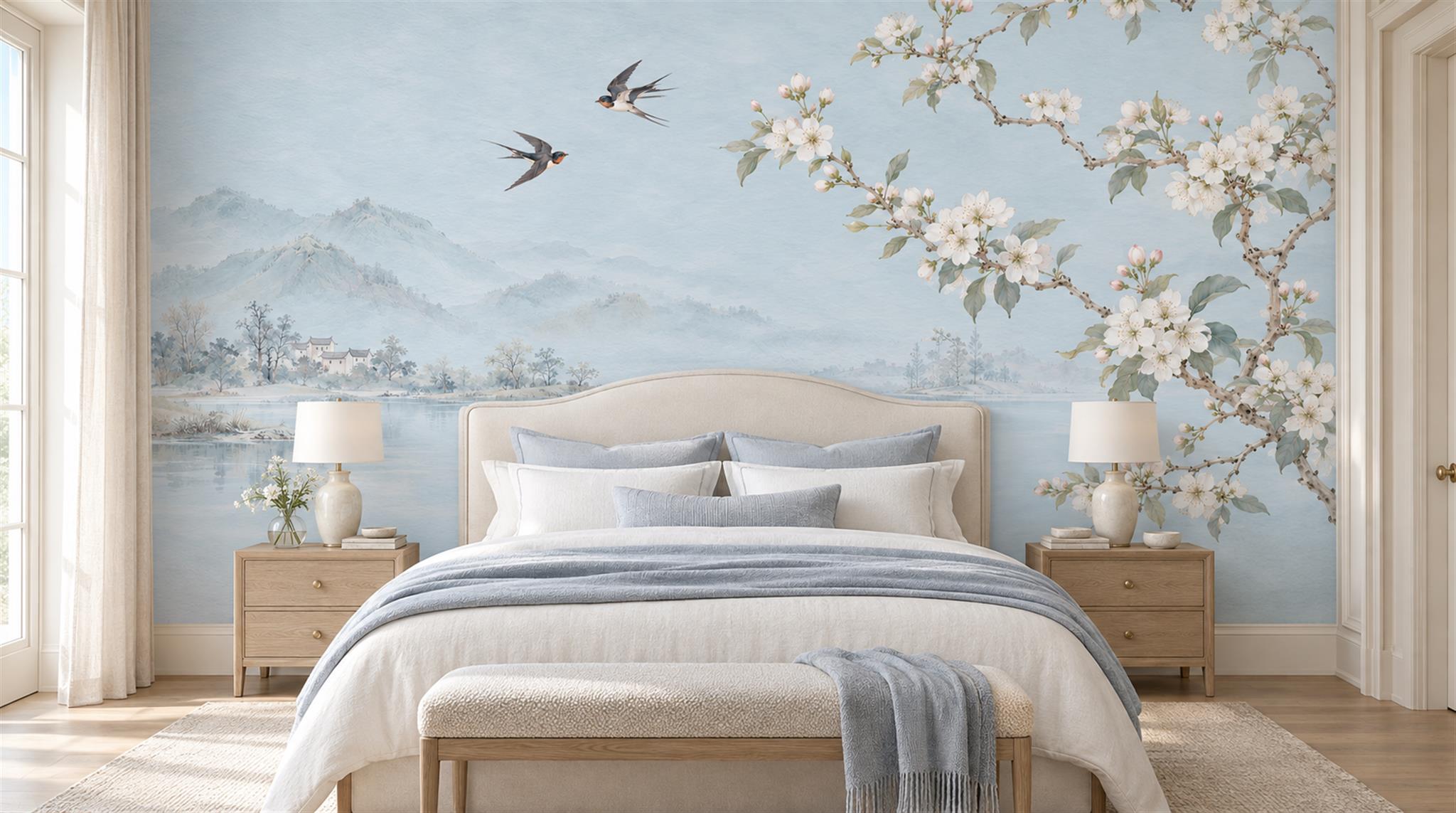 Red And Blue Decorative Patterning Painterly Wallpaper Mural Bedroom-wallpaper-murals, Peel-and-stick Finish
