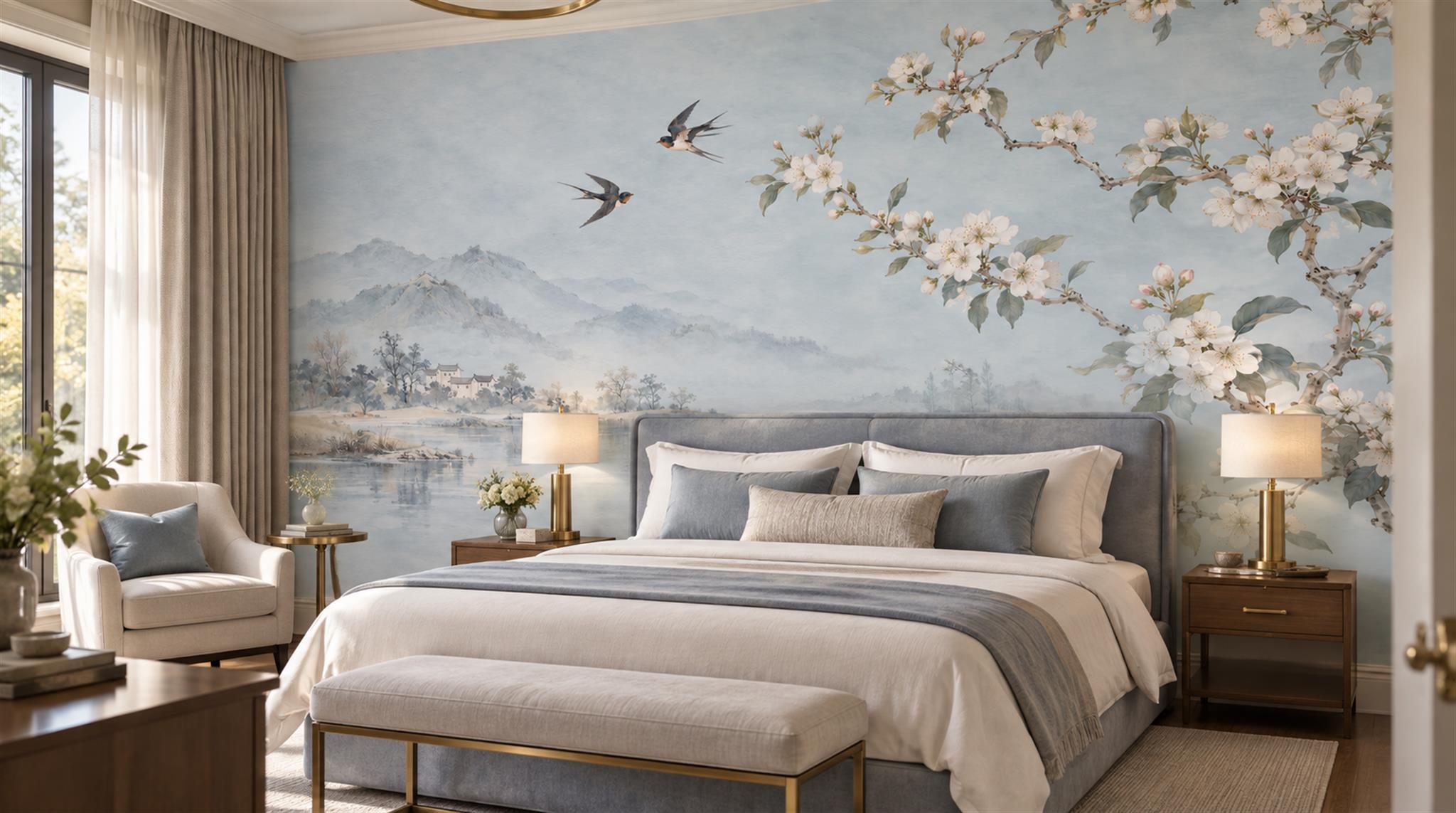 Red And Blue Decorative Patterning Painterly Wallpaper Mural Accent-wall-wallpaper-murals, Peel-and-stick Finish