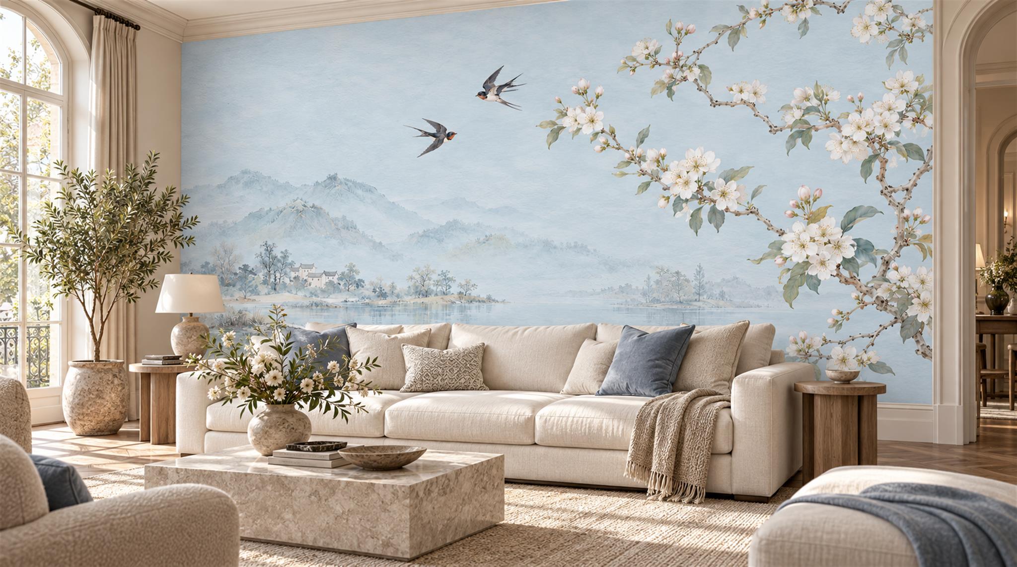Bluebirds And White Blossom Lake Wallpaper Mural — Wallpaper Mural Design, Peel-and-stick Finish