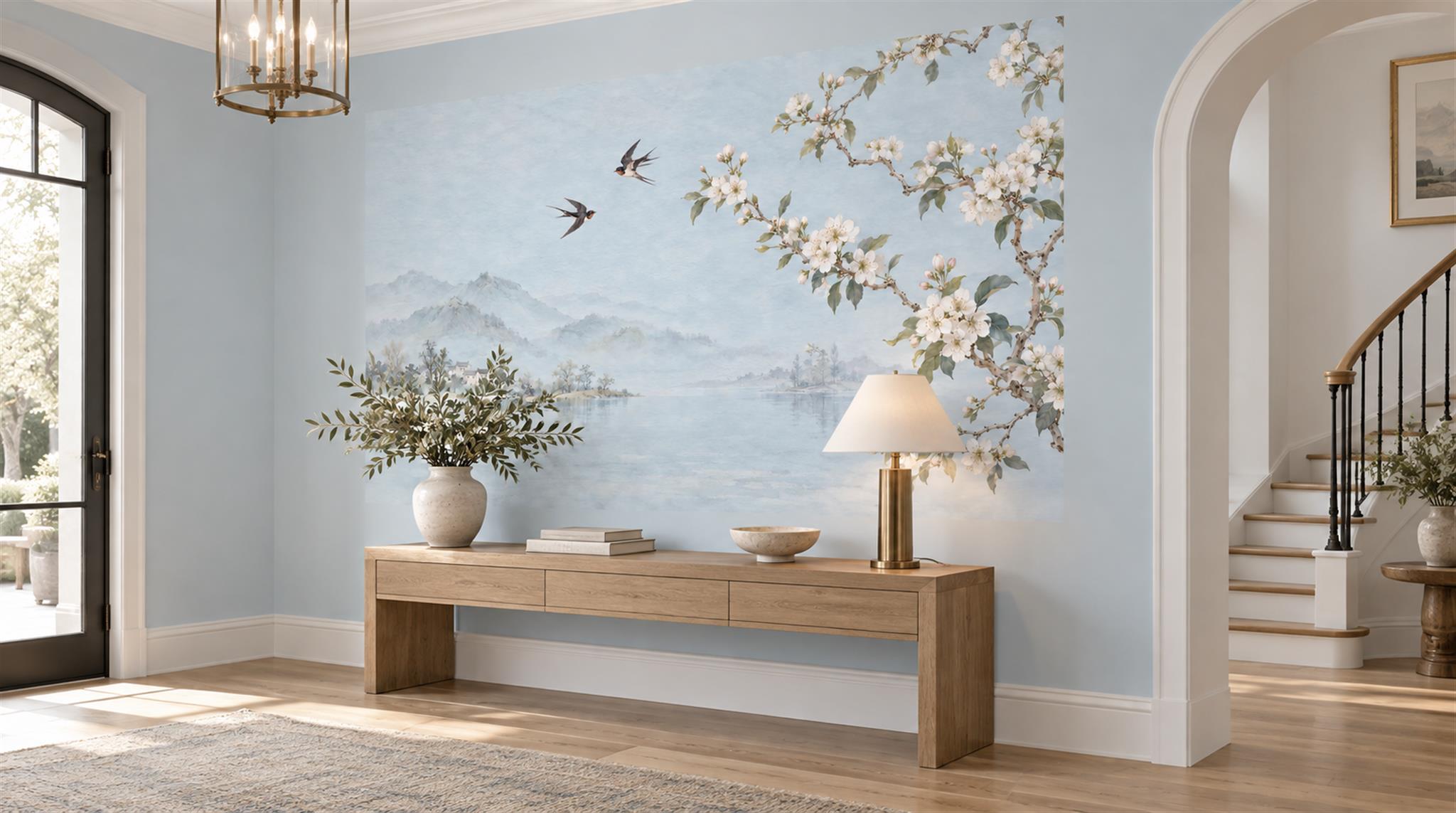 Red And Blue Decorative Patterning Painterly Wallpaper Mural Entryway-wallpaper-murals, Peel-and-stick Finish