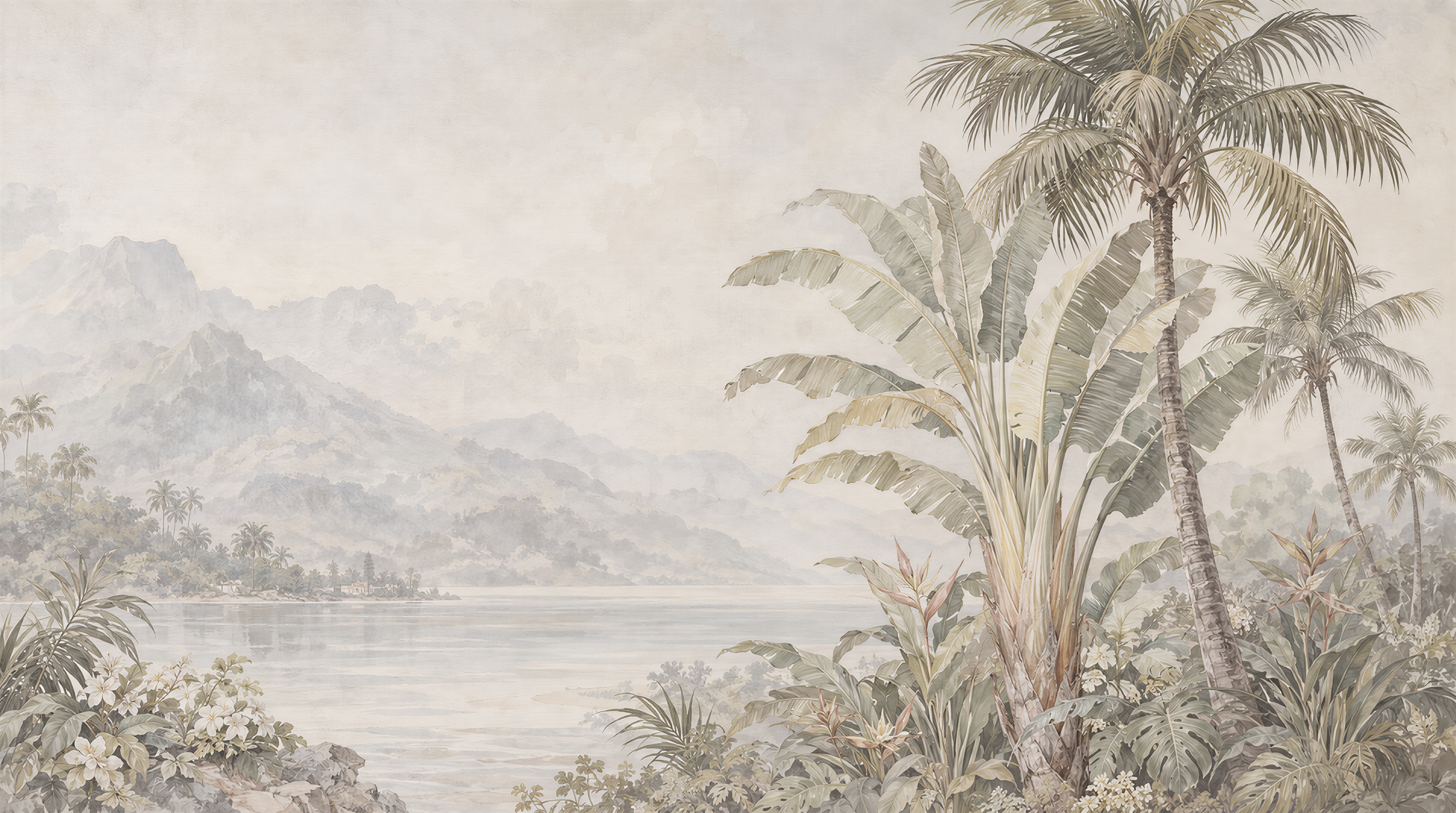Ivory And Red Palm Leaves Decorative Wallpaper Mural, Peel-and-stick Finish