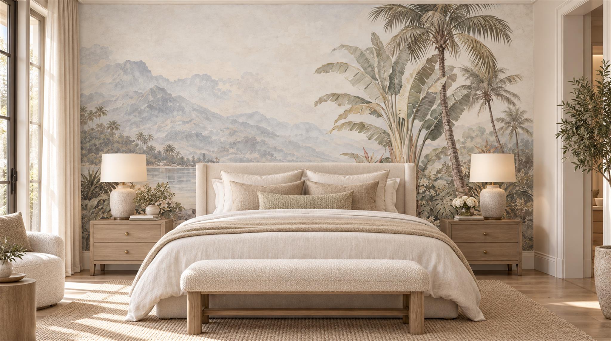 Ivory And Red Palm Leaves Decorative Wallpaper Mural Bedroom-wallpaper-murals, Peel-and-stick Finish