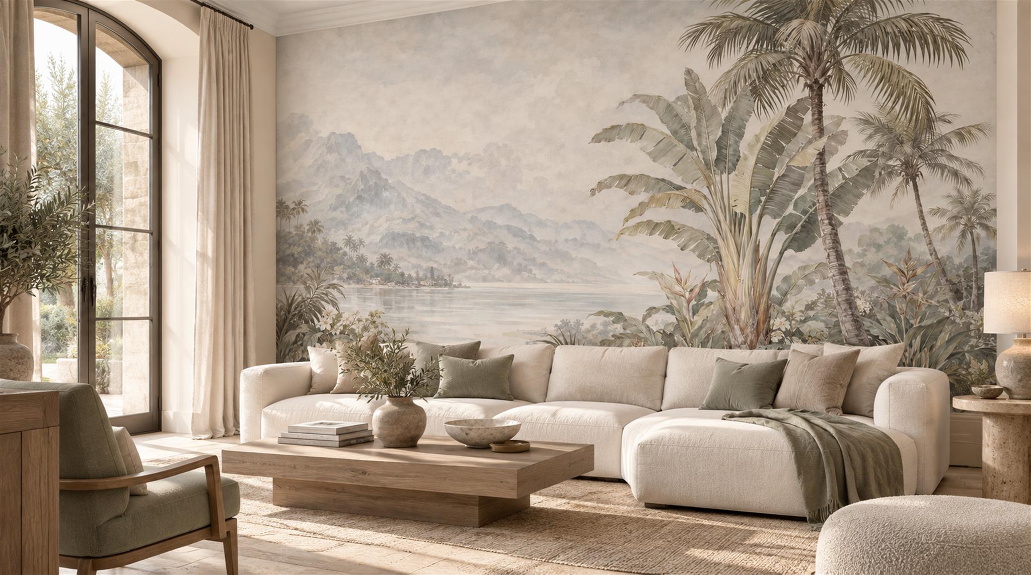 Ivory And Red Palm Leaves Decorative Wallpaper Mural Living-room-wallpaper-murals, Shown In A Living Room, Peel-and-stick Finish