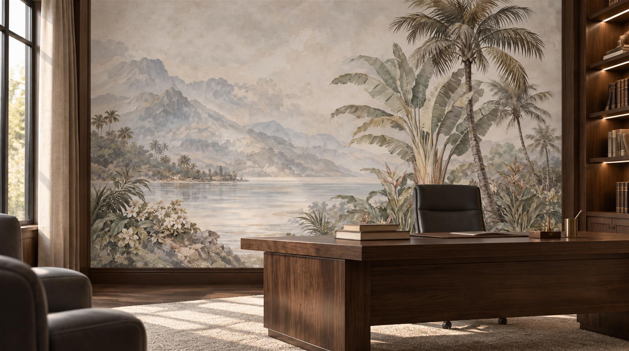 Ivory And Red Palm Leaves Decorative Wallpaper Mural Office-wallpaper-murals, Shown In A Home Office, Peel-and-stick Finish