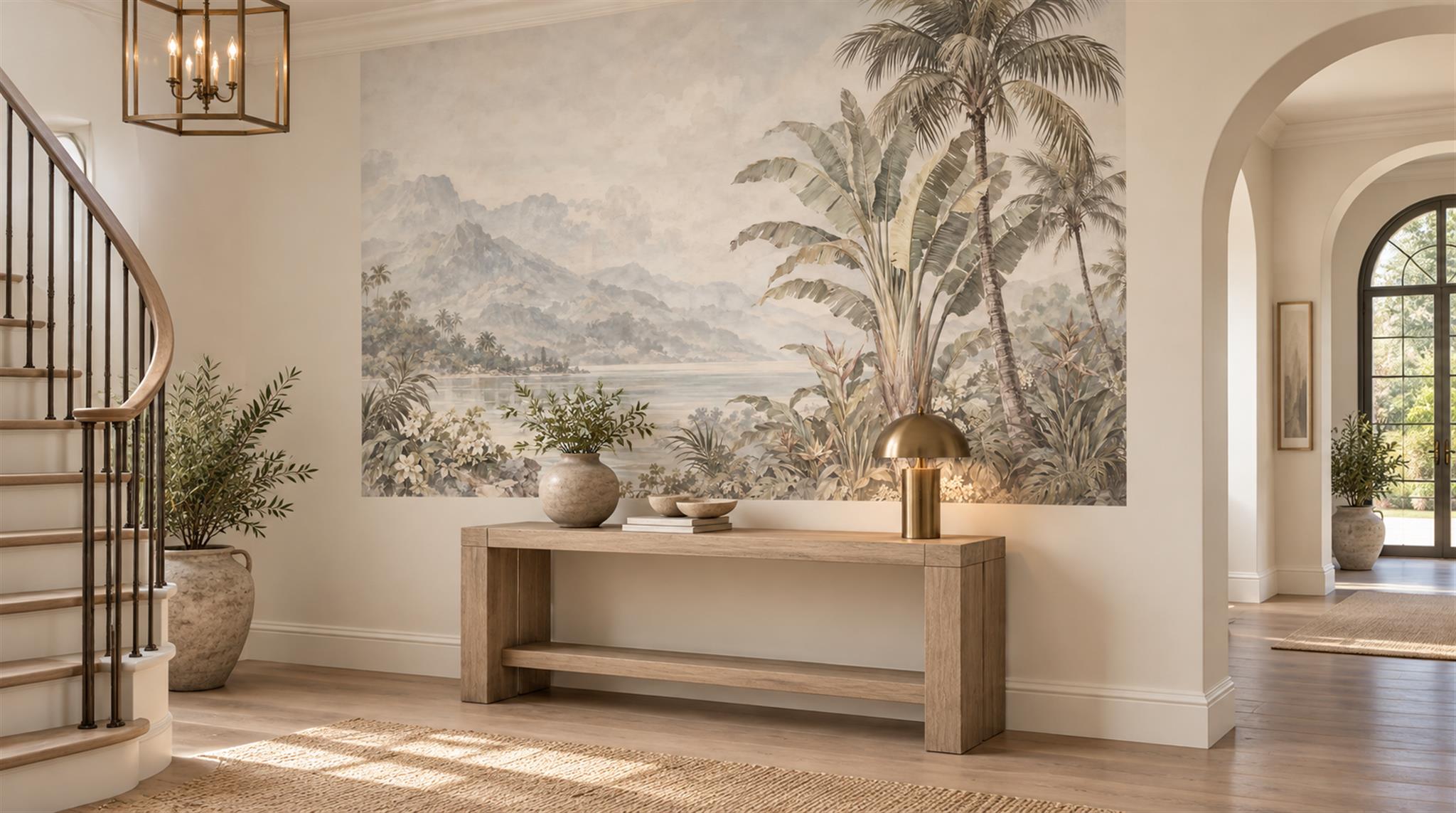 Ivory And Red Palm Leaves Decorative Wallpaper Mural Entryway-wallpaper-murals, Peel-and-stick Finish