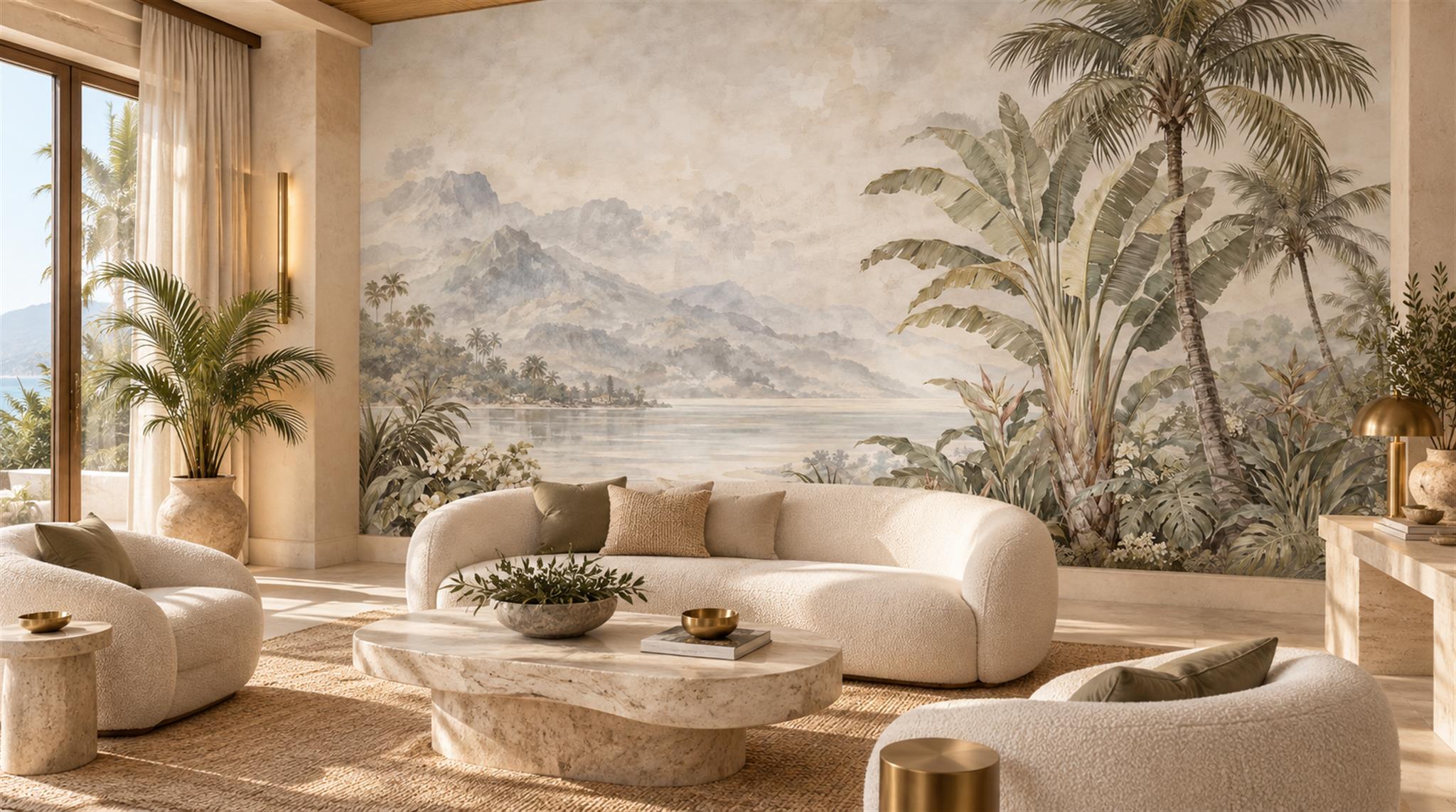 Palm Beside A Misty Mountain Lake Wallpaper Mural — Wallpaper Mural Design, Peel-and-stick Finish