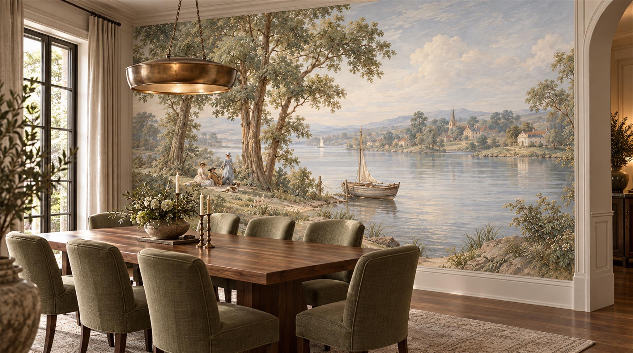 Grey And Red Decorative Patterning Wallpaper Mural Dining-room-wallpaper-murals, Shown In A Dining Room, Peel-and-stick Finish