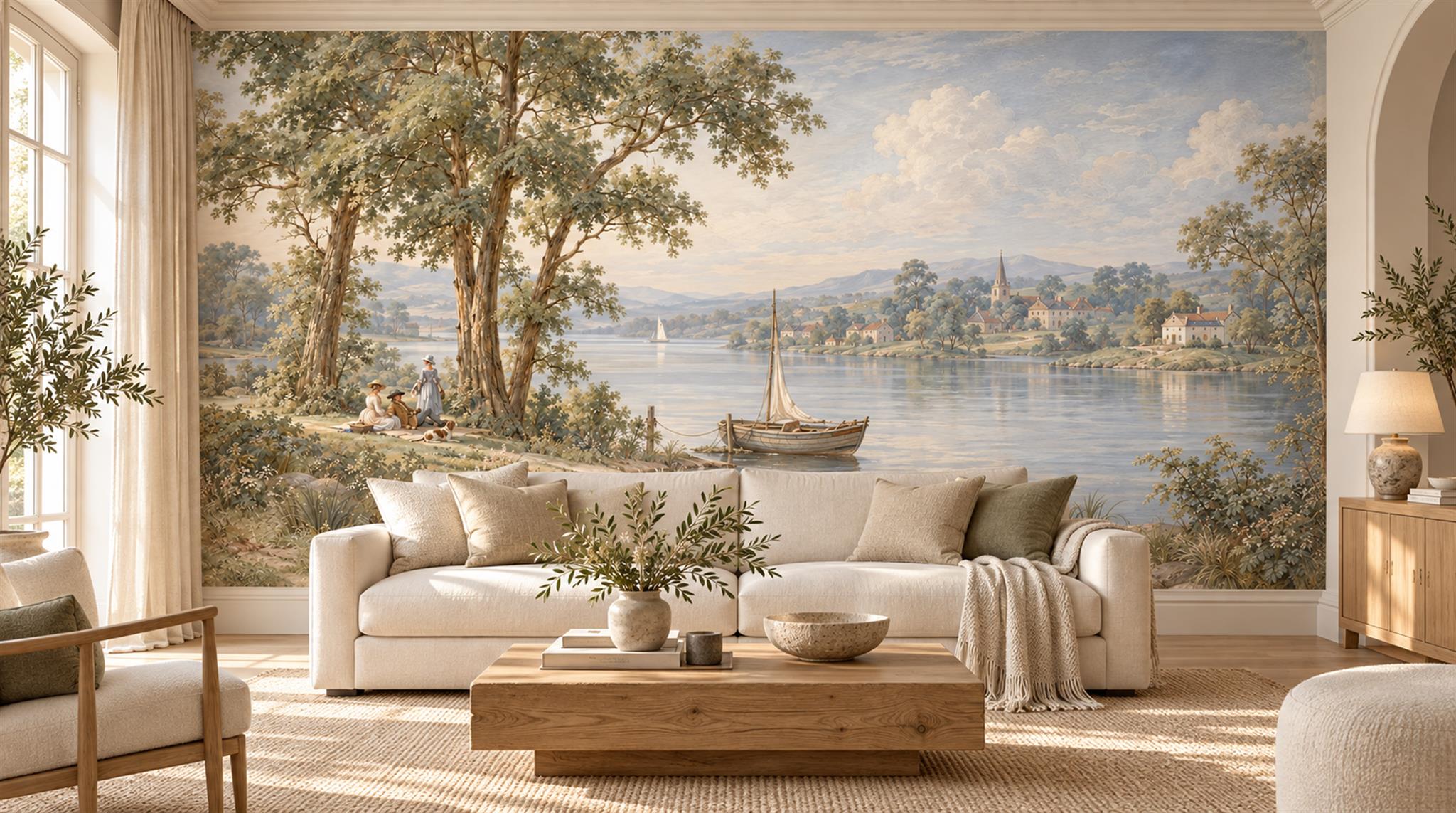 Grey And Red Decorative Patterning Wallpaper Mural Living-room-wallpaper-murals, Shown In A Living Room, Peel-and-stick Finish