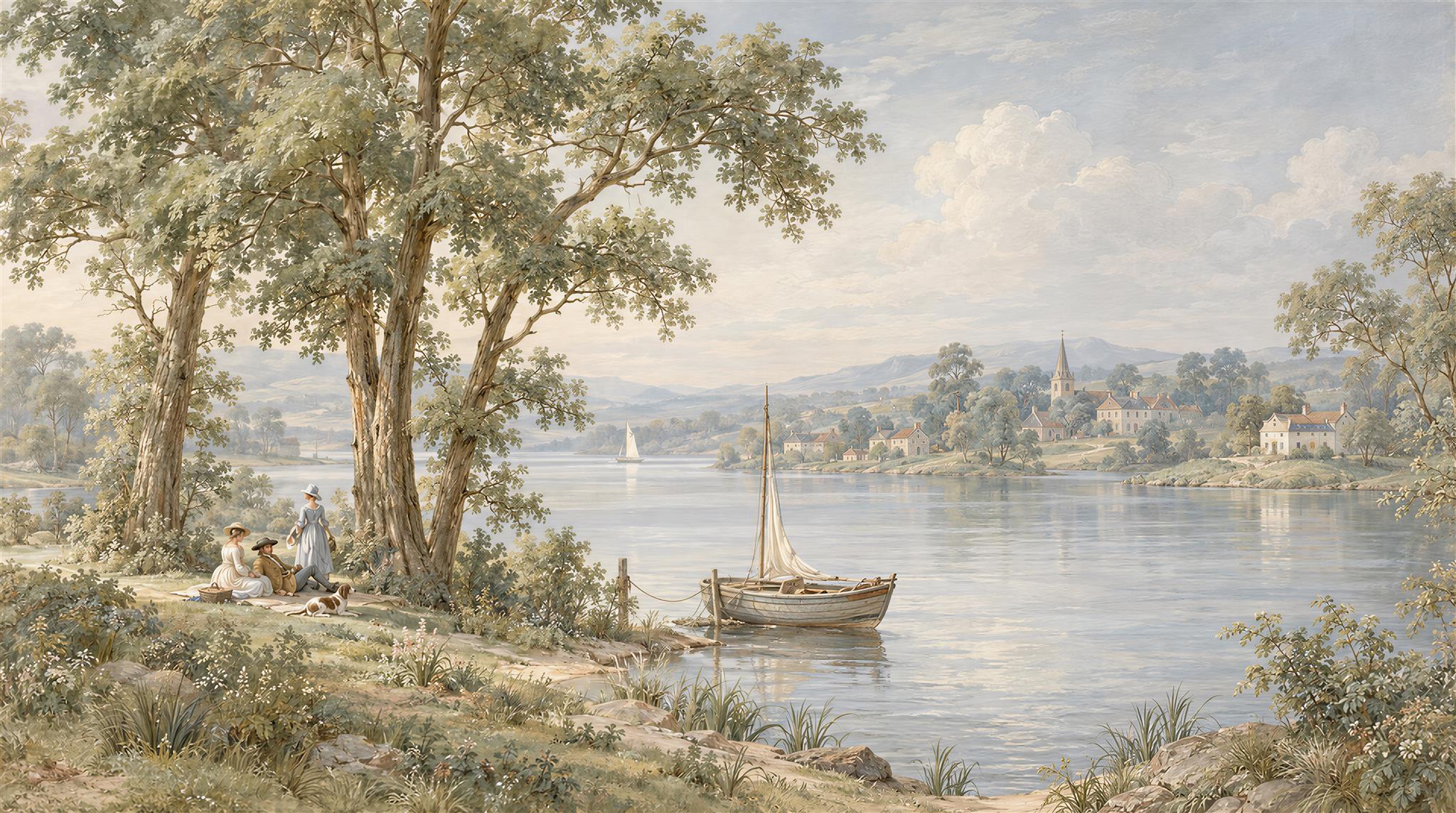 Sailboat On A Tree-lined Lakeshore Wallpaper Mural — Wallpaper Mural Design, Peel-and-stick Finish