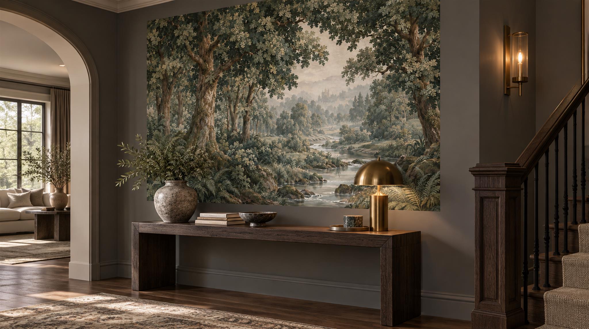 Teal And Neutral Woodland Trees Wallpaper Mural Entryway-wallpaper-murals, Peel-and-stick Finish