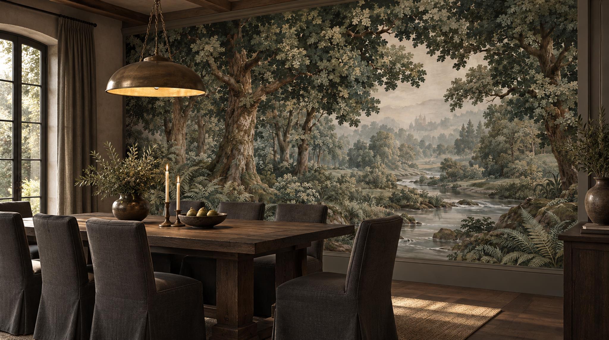 Teal And Neutral Woodland Trees Wallpaper Mural Dining-room-wallpaper-murals, Shown In A Dining Room, Peel-and-stick Finish
