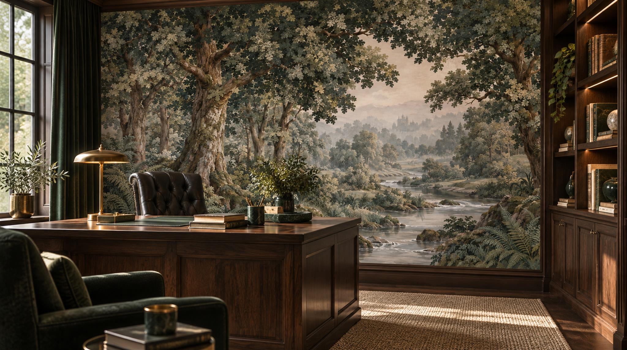 Teal And Neutral Woodland Trees Wallpaper Mural Office-wallpaper-murals, Shown In A Home Office, Peel-and-stick Finish