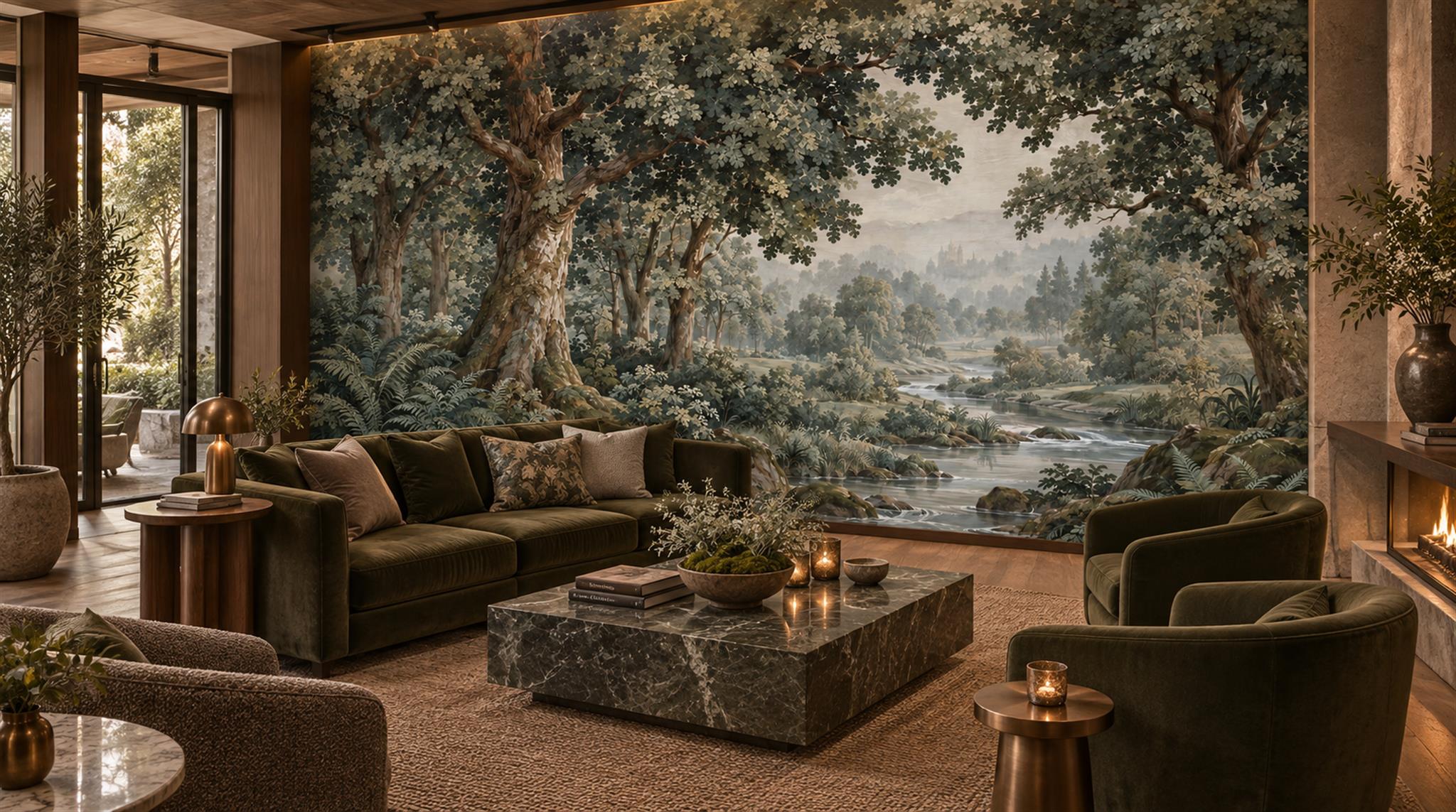 Teal And Neutral Woodland Trees Wallpaper Mural Accent-wall-wallpaper-murals, Peel-and-stick Finish