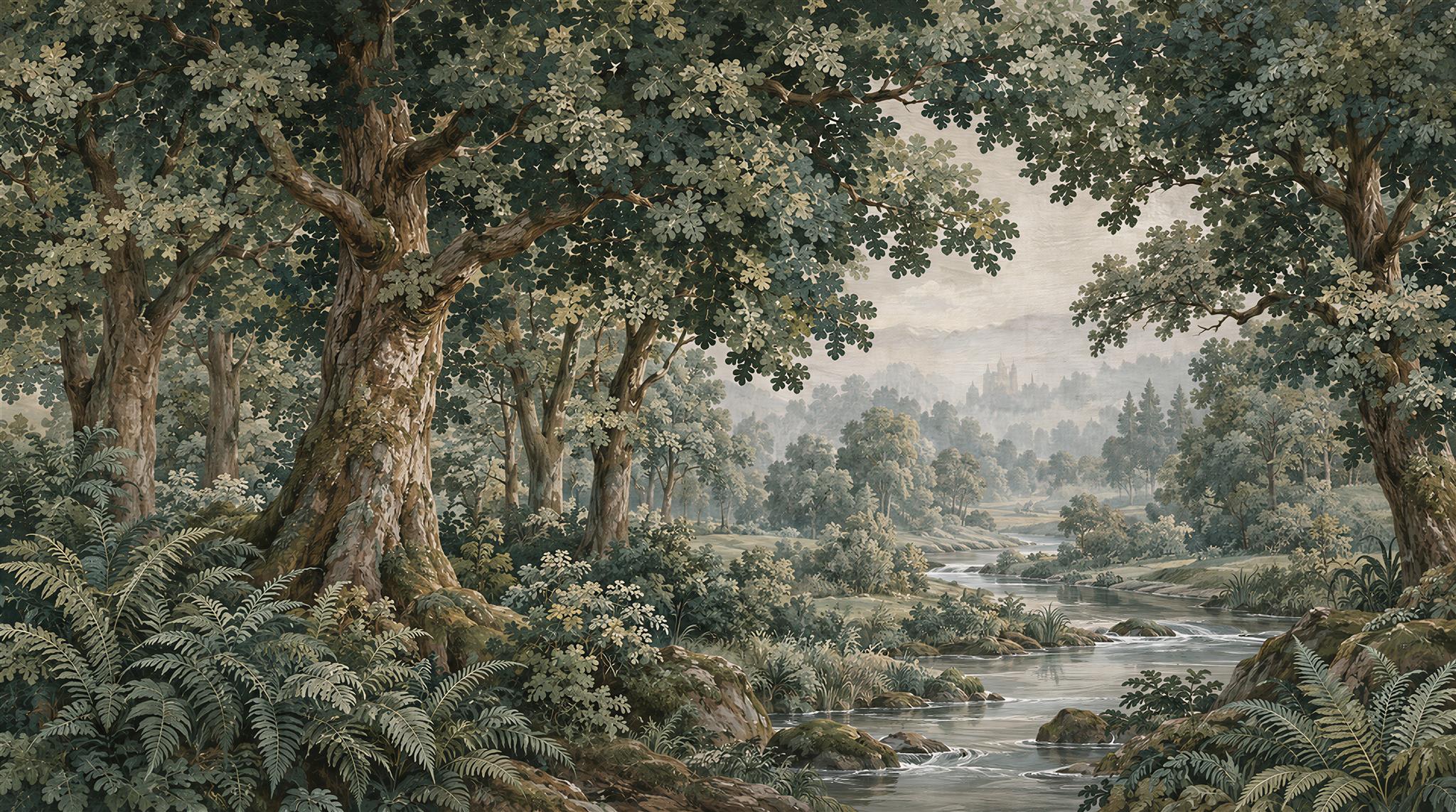 Woodland Stream Beneath A Spreading Tree Wallpaper Mural — Wallpaper Mural Design, Peel-and-stick Finish