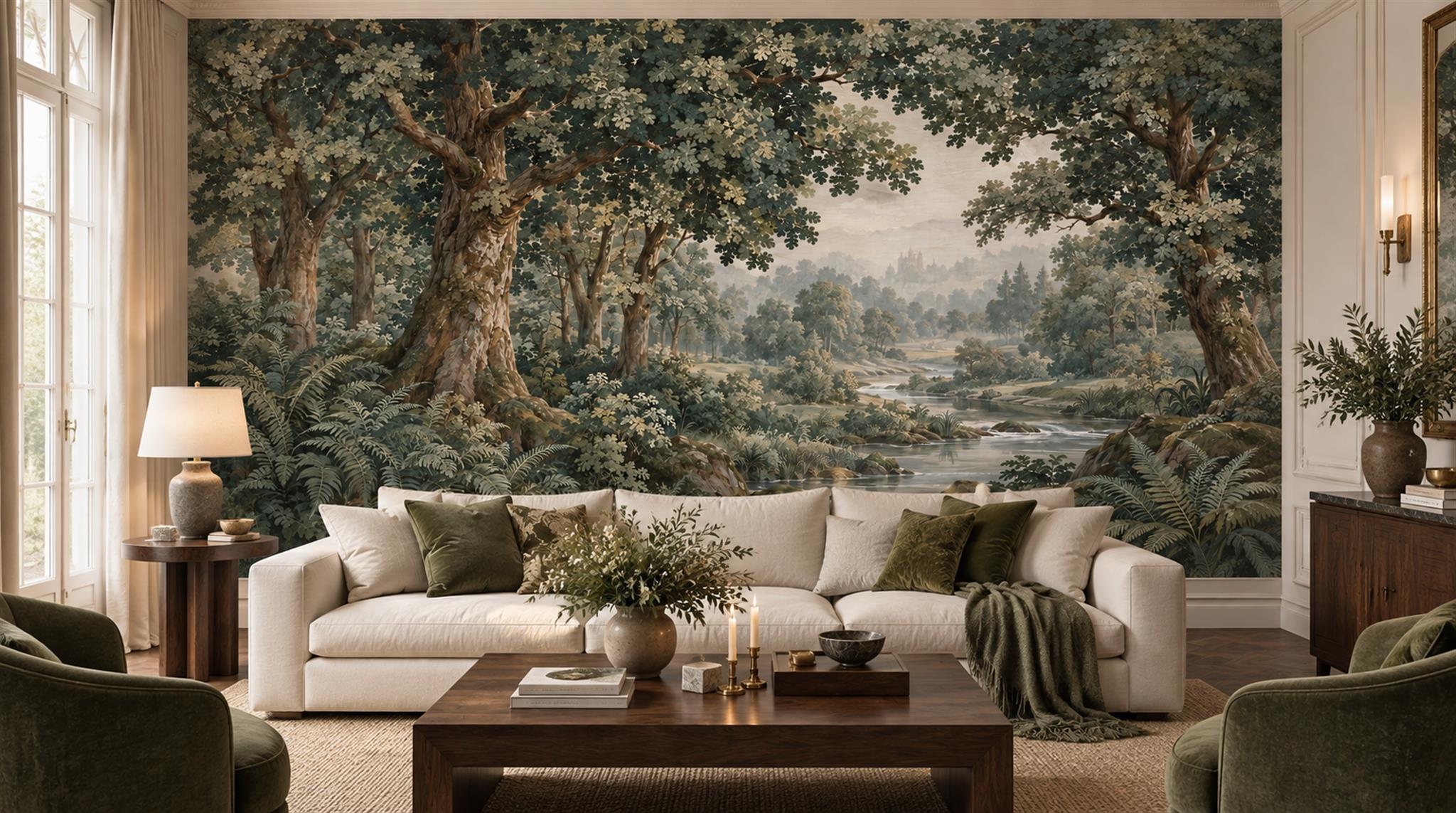 Teal And Neutral Woodland Trees Wallpaper Mural Living-room-wallpaper-murals, Shown In A Living Room, Peel-and-stick Finish