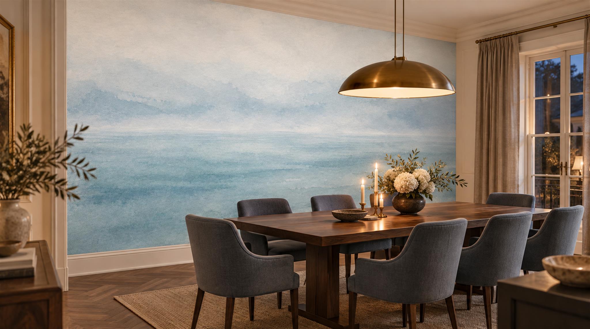 Blue And Neutral An Open Ocean View Wallpaper Mural Dining-room-wallpaper-murals, Shown In A Dining Room, Peel-and-stick Finish