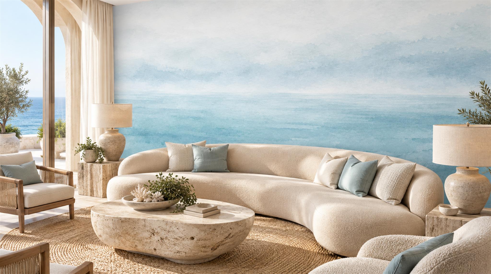Blue And Neutral An Open Ocean View Wallpaper Mural Accent-wall-wallpaper-murals, Peel-and-stick Finish
