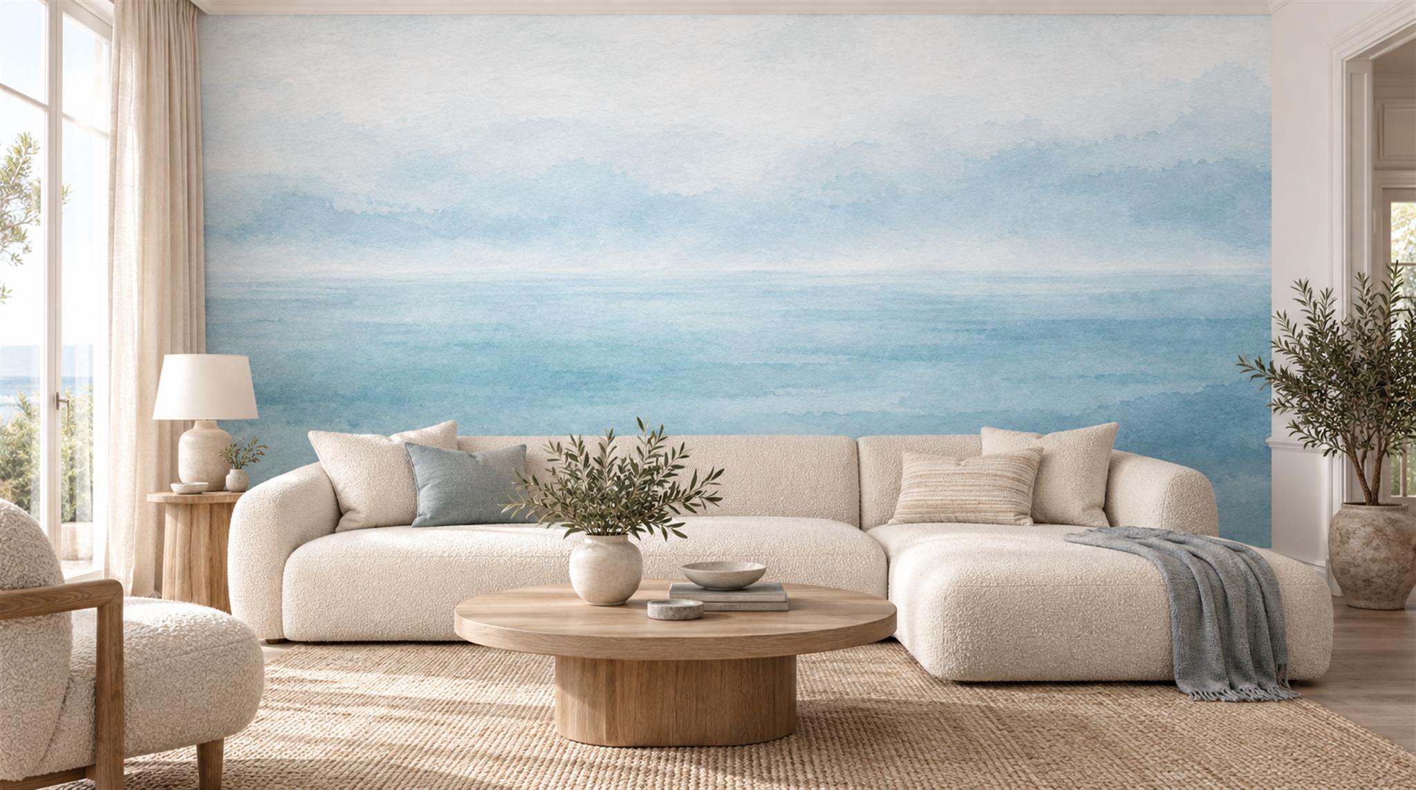 Soft Blue Sea Horizon Wallpaper Mural — Wallpaper Mural Design, Peel-and-stick Finish