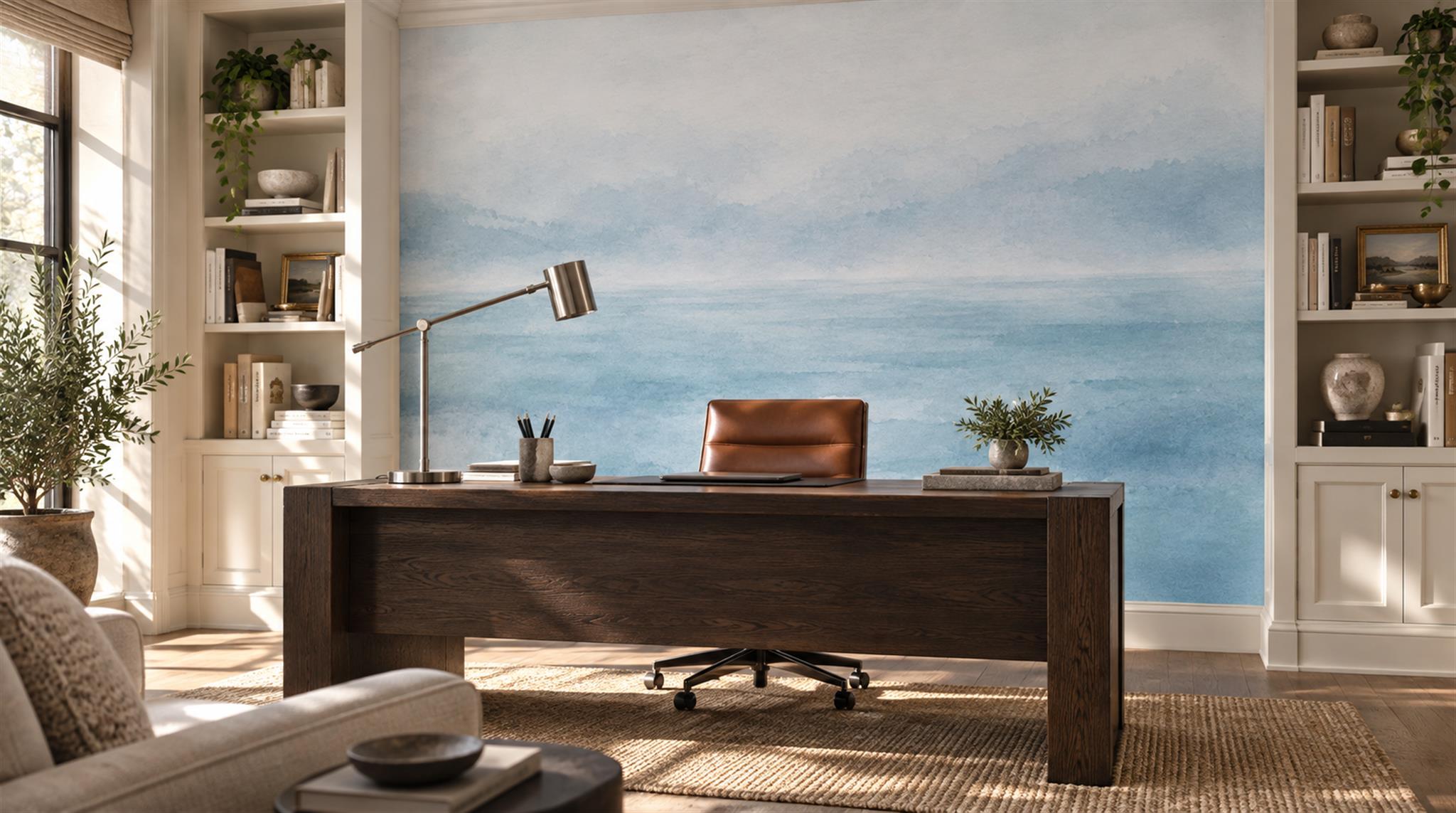 Blue And Neutral An Open Ocean View Wallpaper Mural Office-wallpaper-murals, Shown In A Home Office, Peel-and-stick Finish