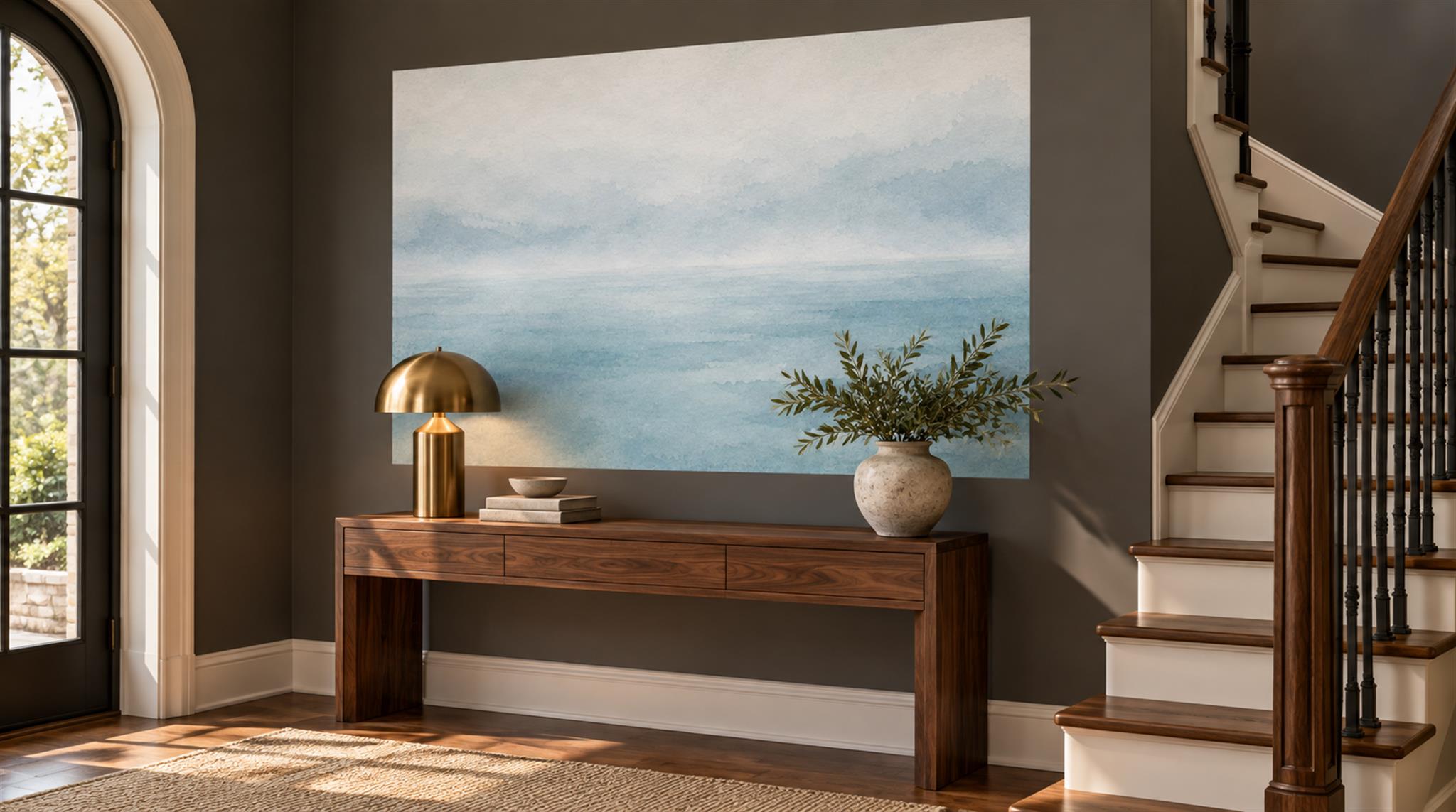 Blue And Neutral An Open Ocean View Wallpaper Mural Entryway-wallpaper-murals, Peel-and-stick Finish