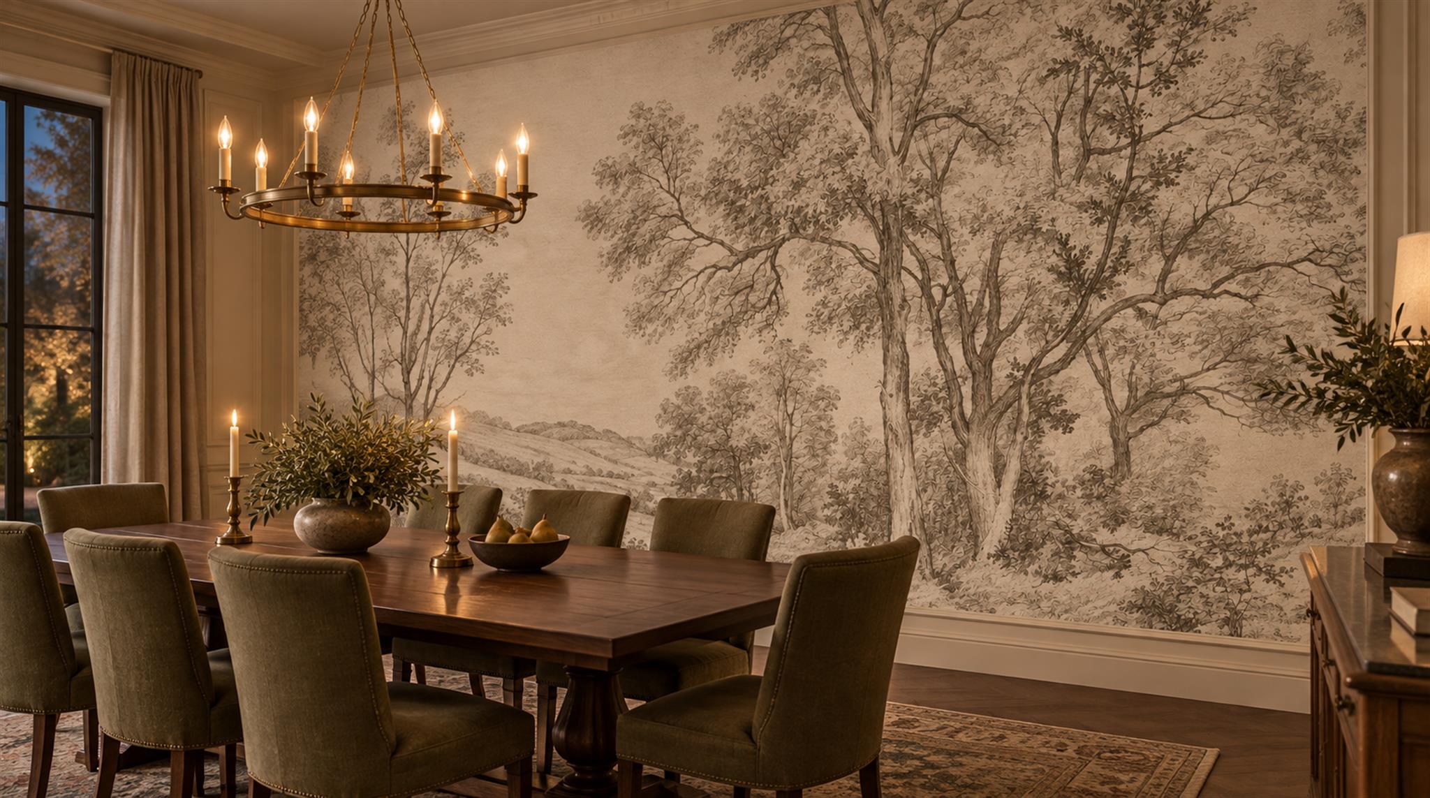 Neutral Abstract Forms Wallpaper Mural Dining-room-wallpaper-murals, Shown In A Dining Room, Peel-and-stick Finish
