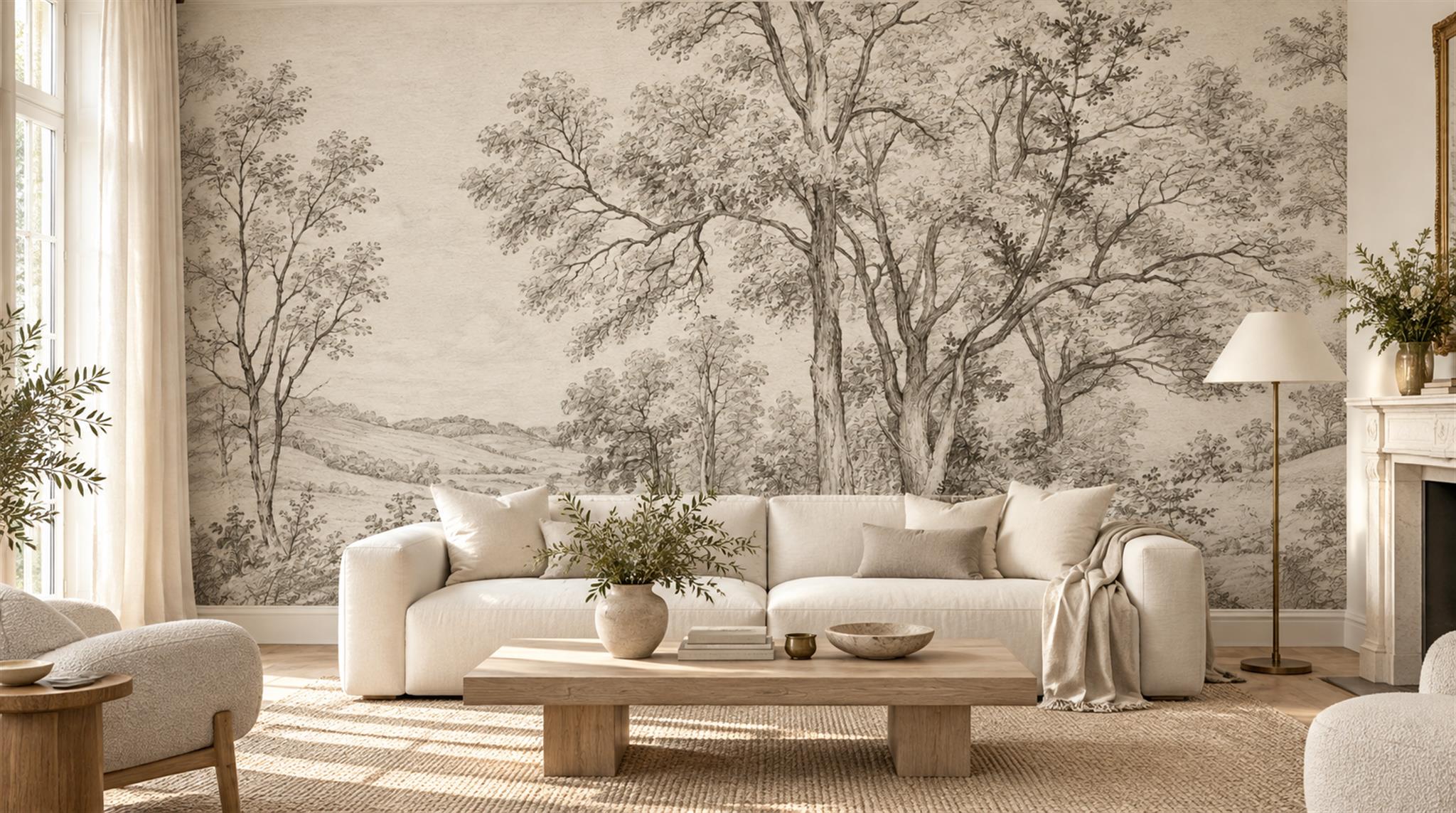 Neutral Abstract Forms Wallpaper Mural Living-room-wallpaper-murals, Shown In A Living Room, Peel-and-stick Finish