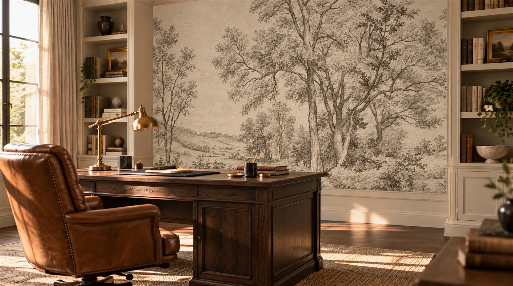 Neutral Abstract Forms Wallpaper Mural Office-wallpaper-murals, Shown In A Home Office, Peel-and-stick Finish