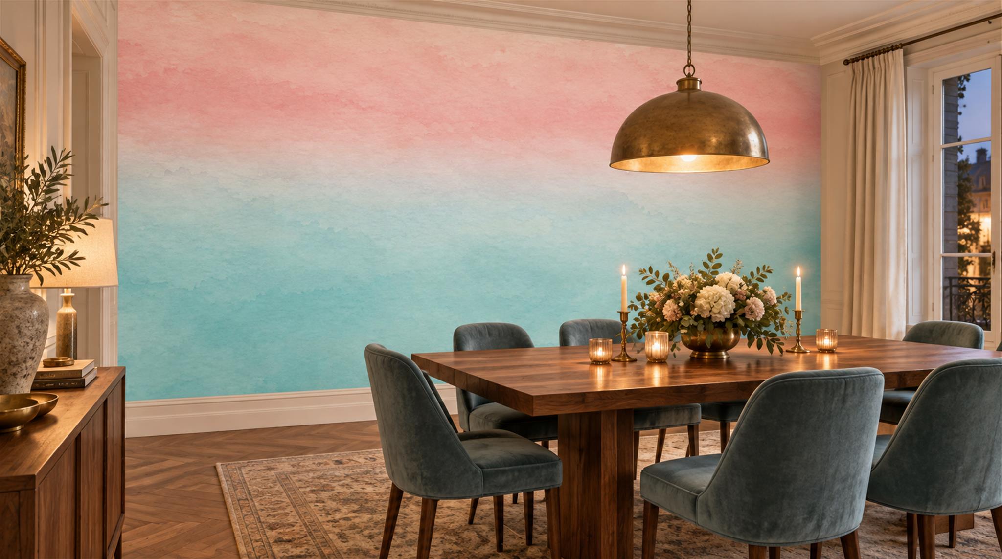 Soft Pastel And Neutral Abstract Forms Wallpaper Mural Dining-room-wallpaper-murals, Shown In A Dining Room, Peel-and-stick Finish
