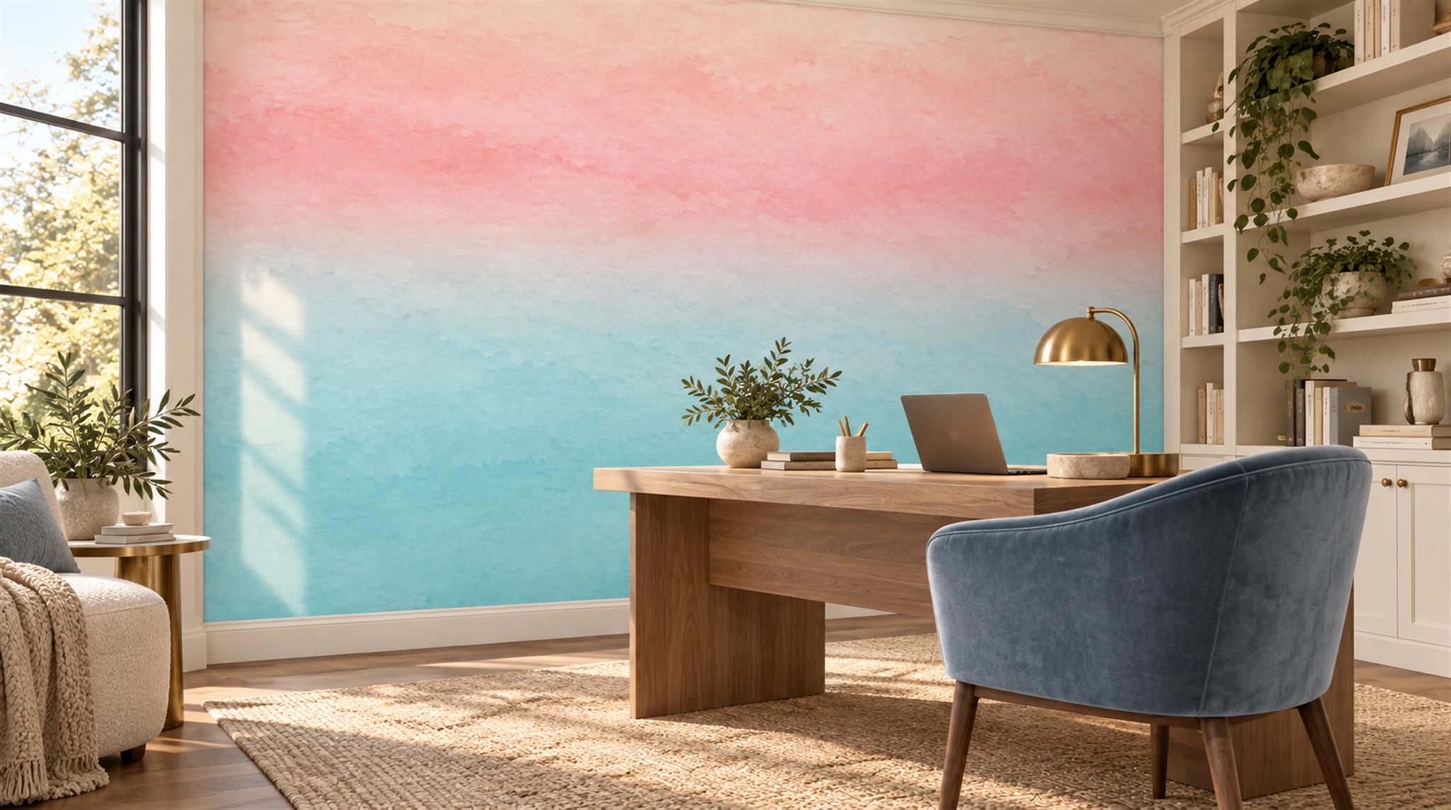 Soft Pastel And Neutral Abstract Forms Wallpaper Mural Office-wallpaper-murals, Shown In A Home Office, Peel-and-stick Finish
