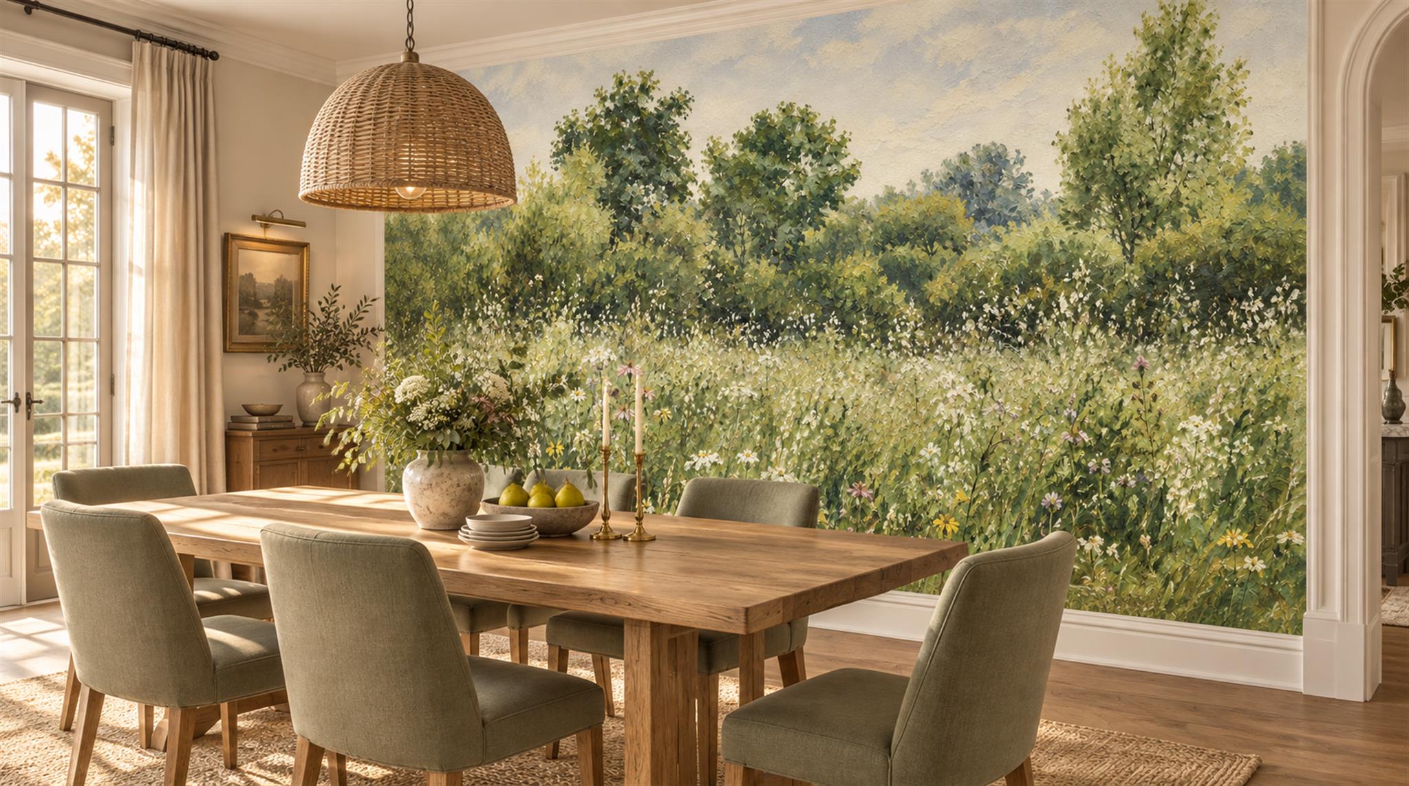 Tan And Green Abstract Forms Wallpaper Mural Dining-room-wallpaper-murals, Shown In A Dining Room, Peel-and-stick Finish