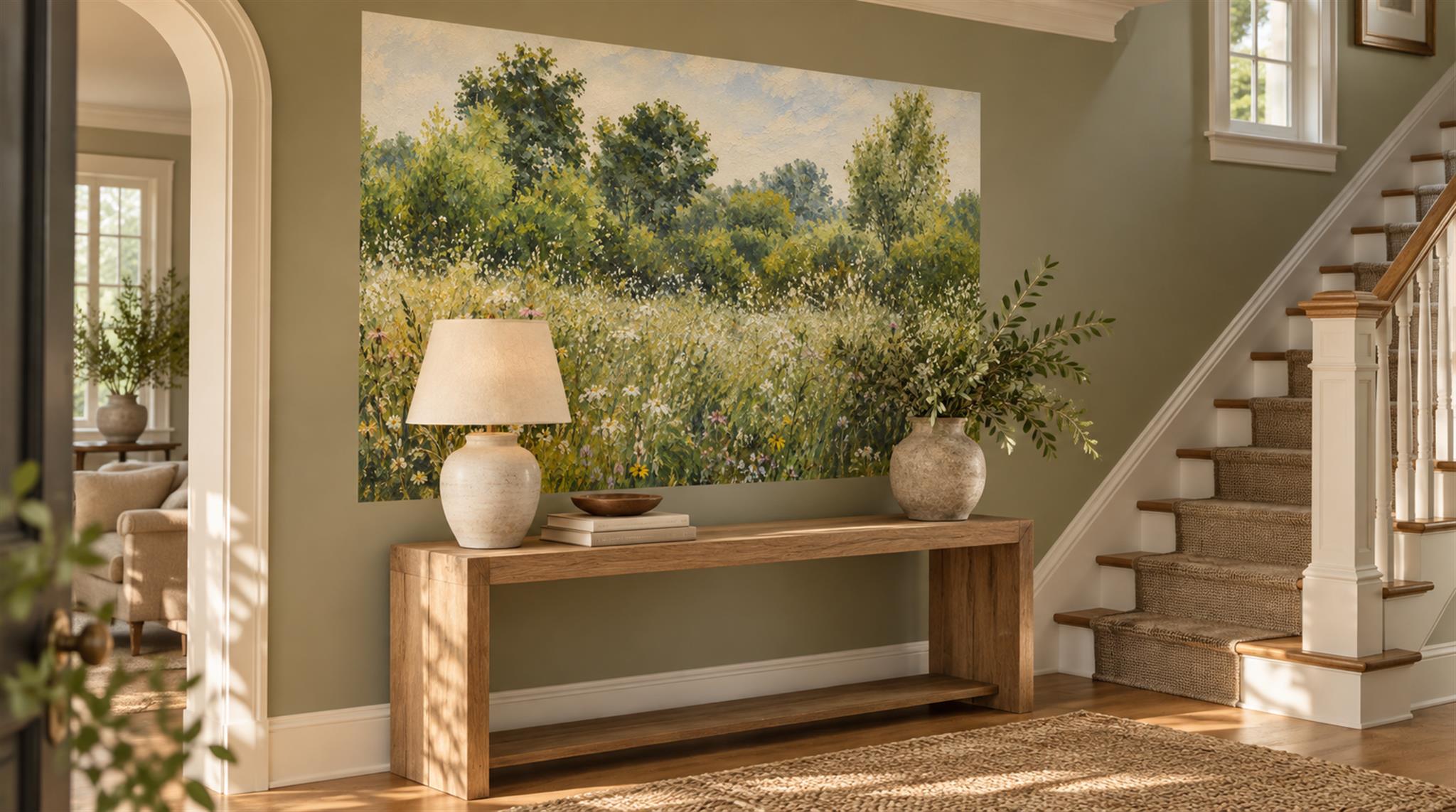 Tan And Green Abstract Forms Wallpaper Mural Entryway-wallpaper-murals, Peel-and-stick Finish