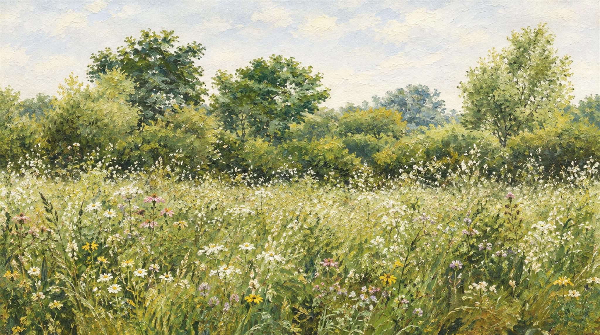 Watercolour Wildflower Meadow And Green Tree Line Wallpaper Mural — Wallpaper Mural Design, Peel-and-stick Finish
