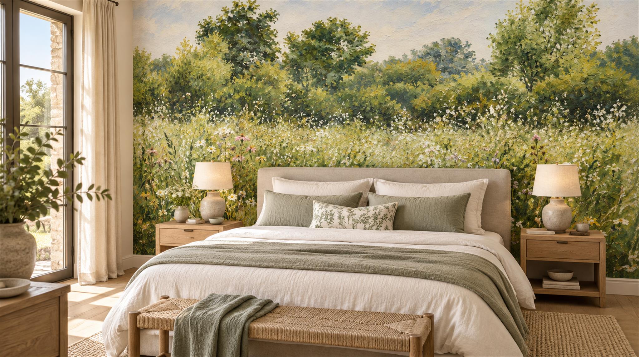 Tan And Green Abstract Forms Wallpaper Mural Feature-wall-wallpaper-murals, Peel-and-stick Finish