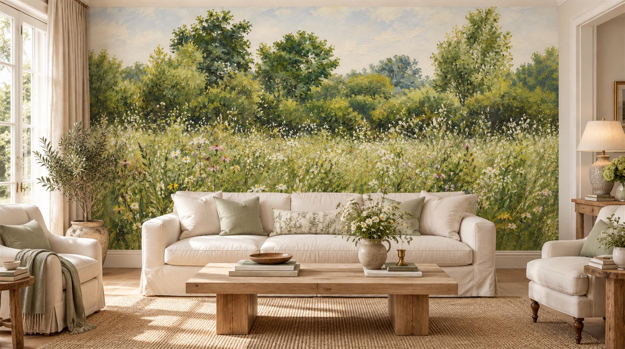 Tan And Green Abstract Forms Wallpaper Mural Accent-wall-wallpaper-murals, Peel-and-stick Finish