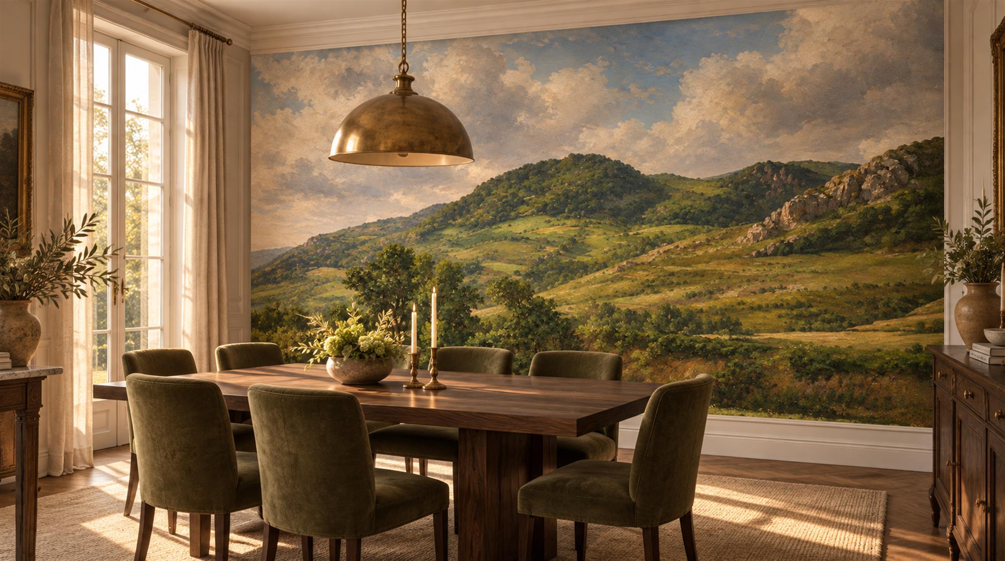 Gold And Neutral Abstract Forms Wallpaper Mural Dining-room-wallpaper-murals, Shown In A Dining Room, Peel-and-stick Finish