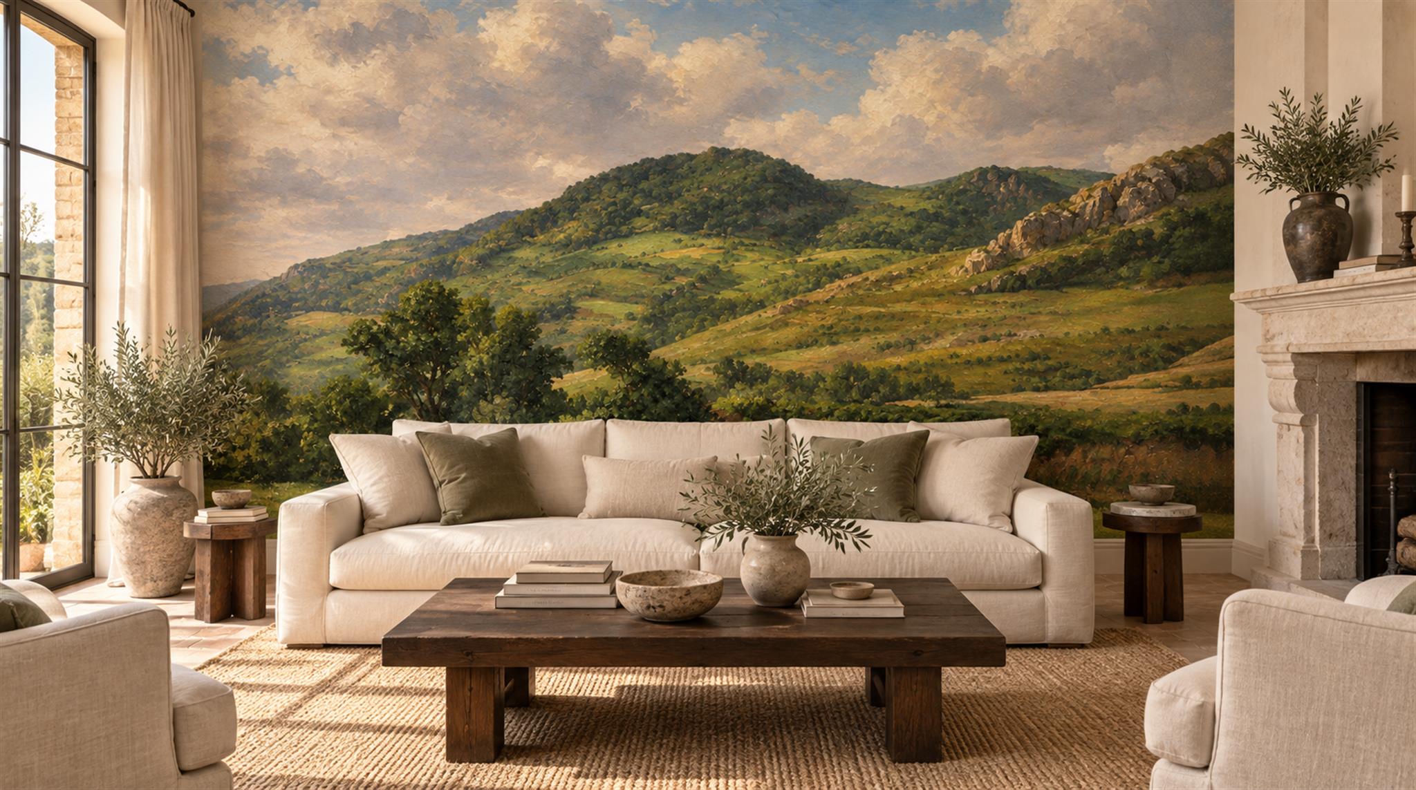 Gold And Neutral Abstract Forms Wallpaper Mural Living-room-wallpaper-murals, Shown In A Living Room, Peel-and-stick Finish