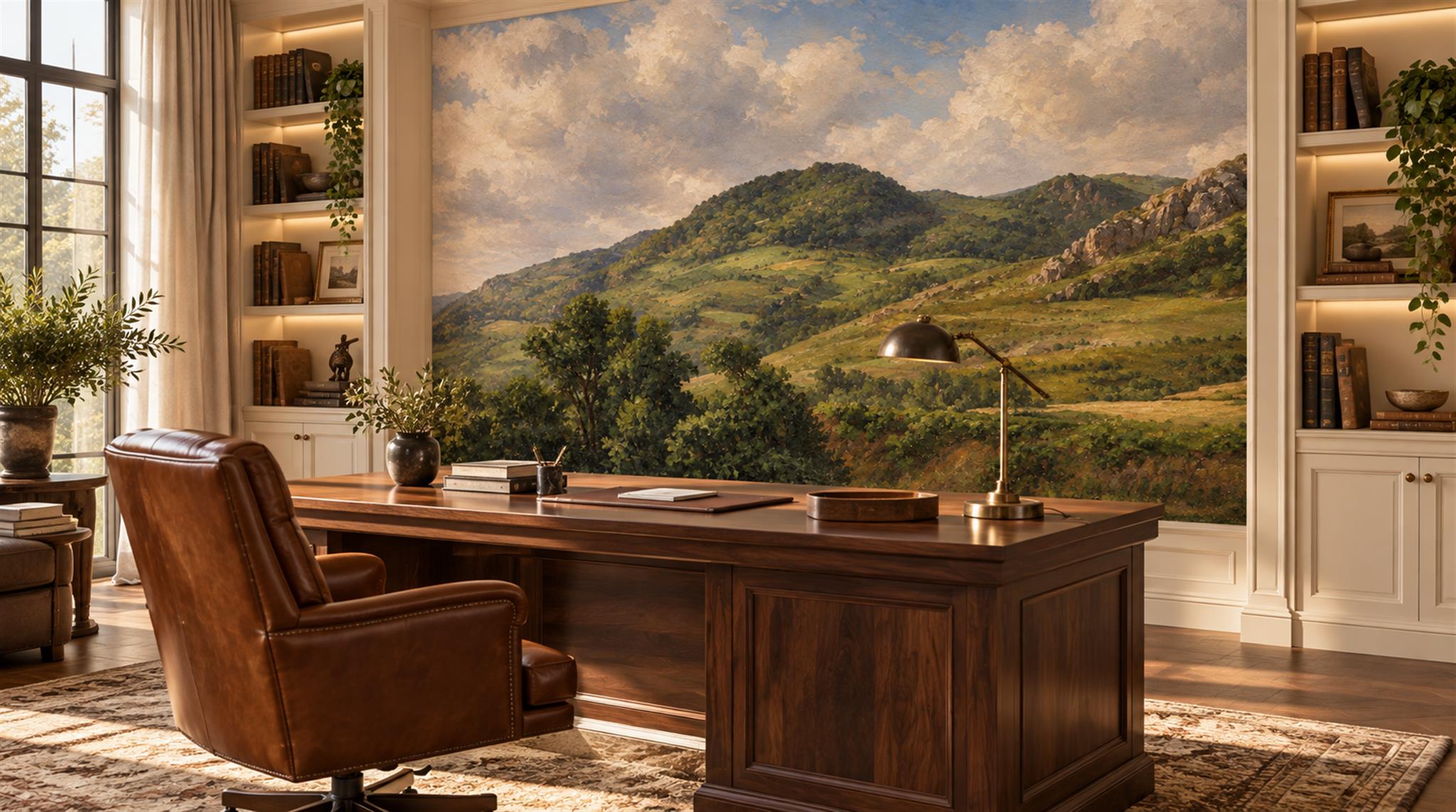 Gold And Neutral Abstract Forms Wallpaper Mural Office-wallpaper-murals, Shown In A Home Office, Peel-and-stick Finish
