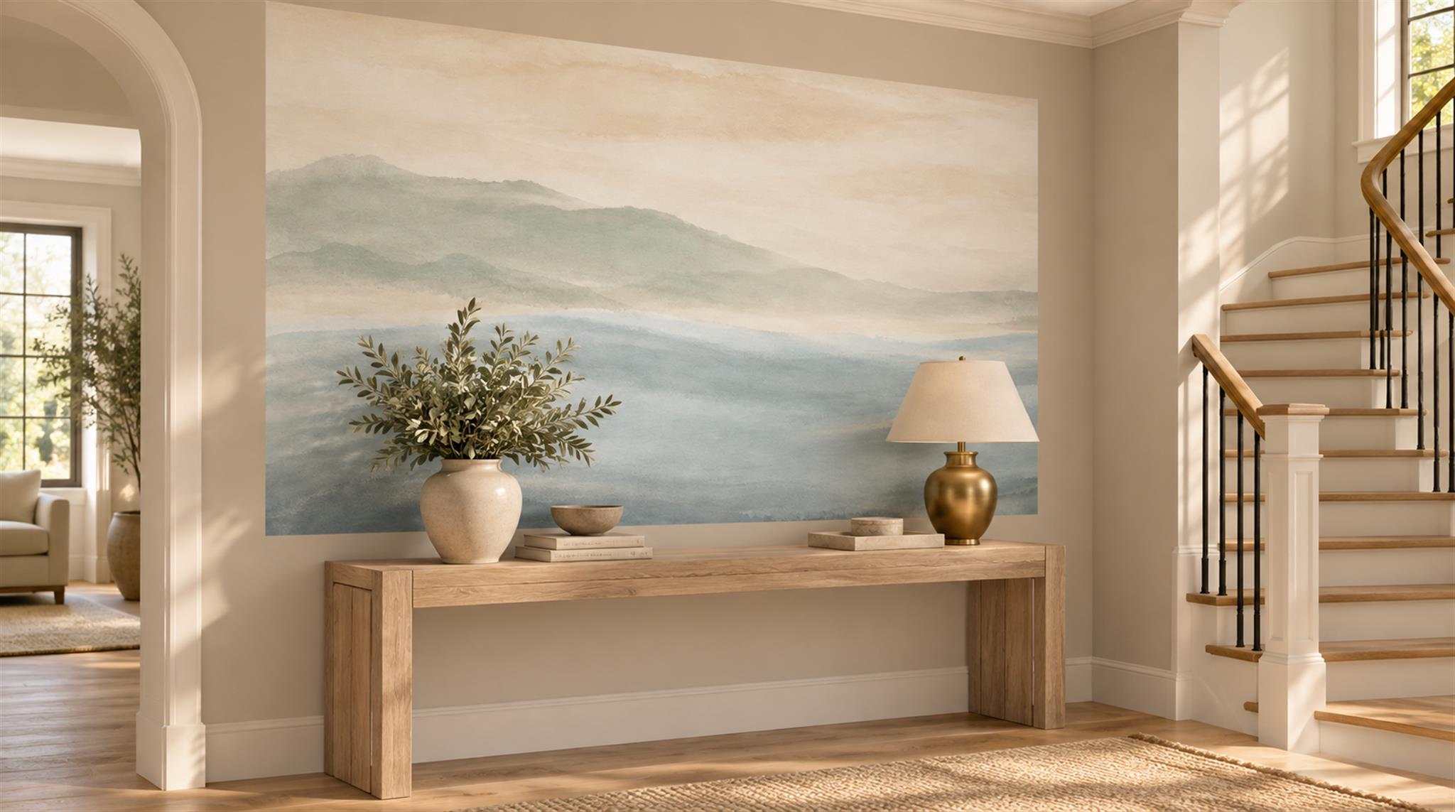 Red And Sage Green An Open Ocean View Wallpaper Entryway-wallpaper-murals, Peel-and-stick Finish