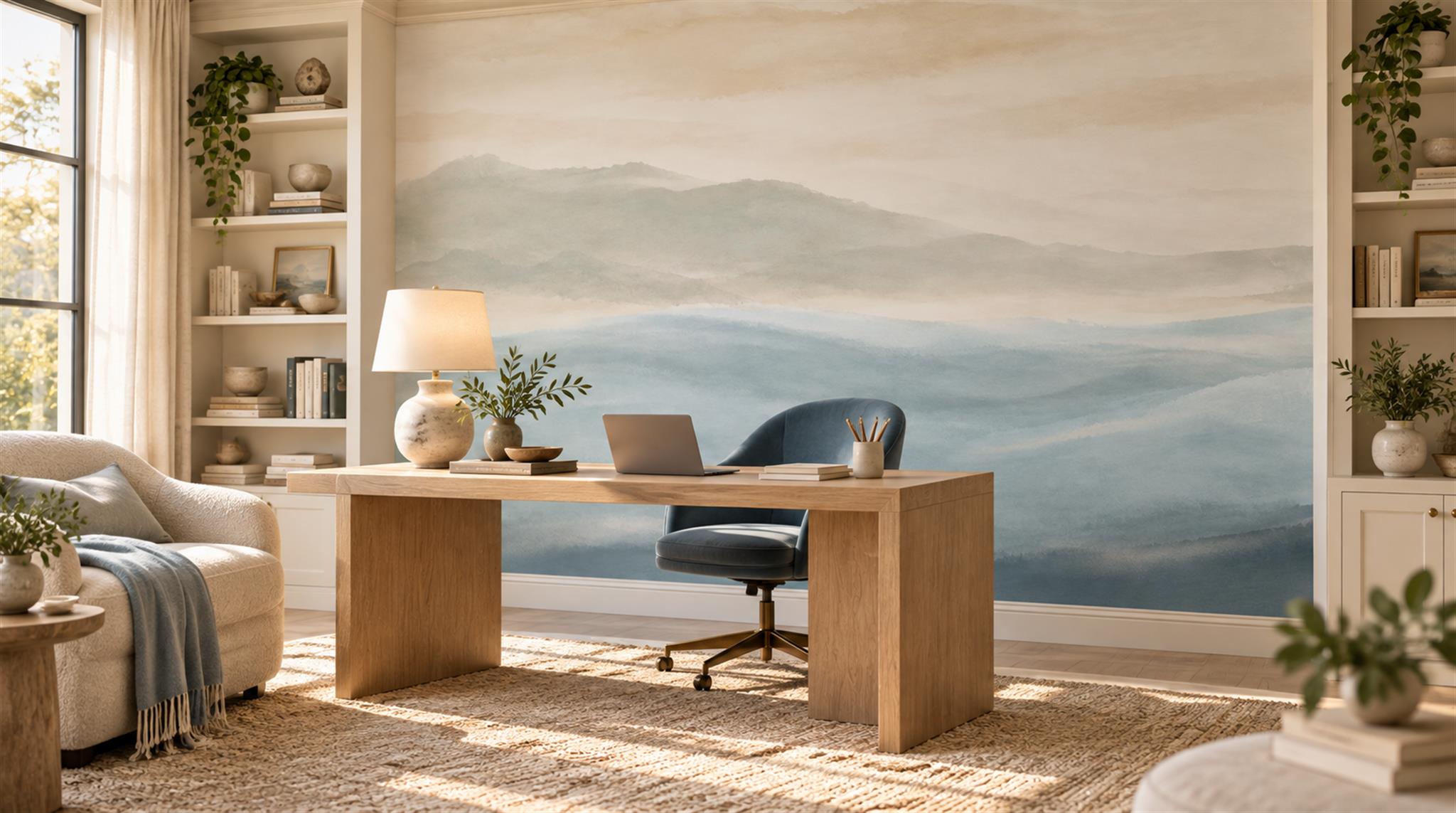 Red And Sage Green An Open Ocean View Wallpaper Office-wallpaper-murals, Shown In A Home Office, Peel-and-stick Finish