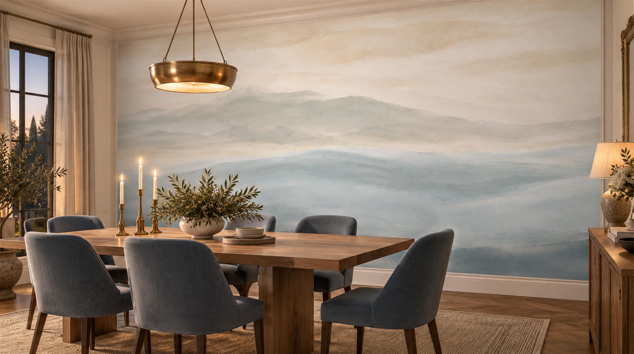 Red And Sage Green An Open Ocean View Wallpaper Dining-room-wallpaper-murals, Shown In A Dining Room, Peel-and-stick Finish