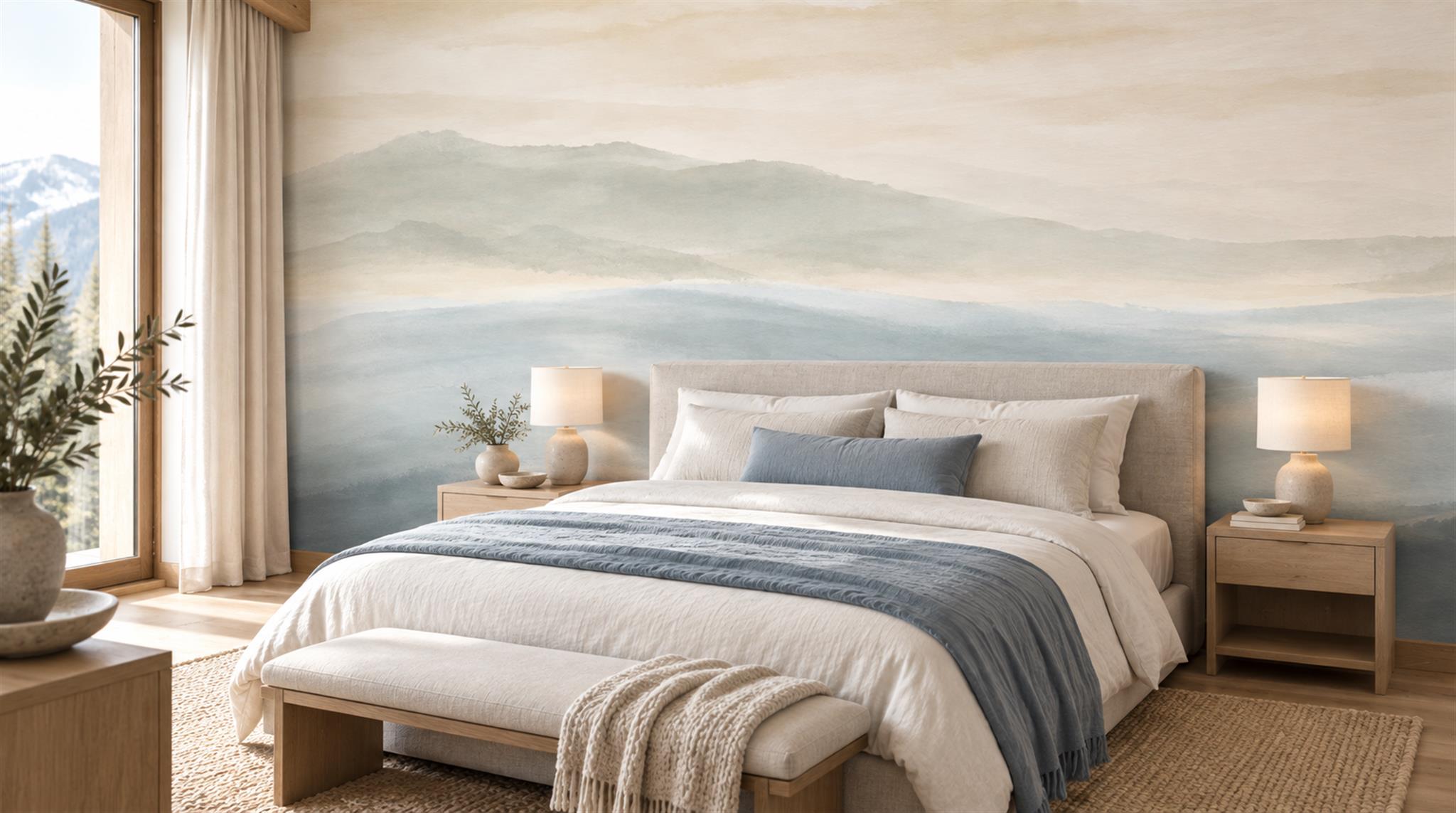 Red And Sage Green An Open Ocean View Wallpaper Feature-wall-wallpaper-murals, Peel-and-stick Finish