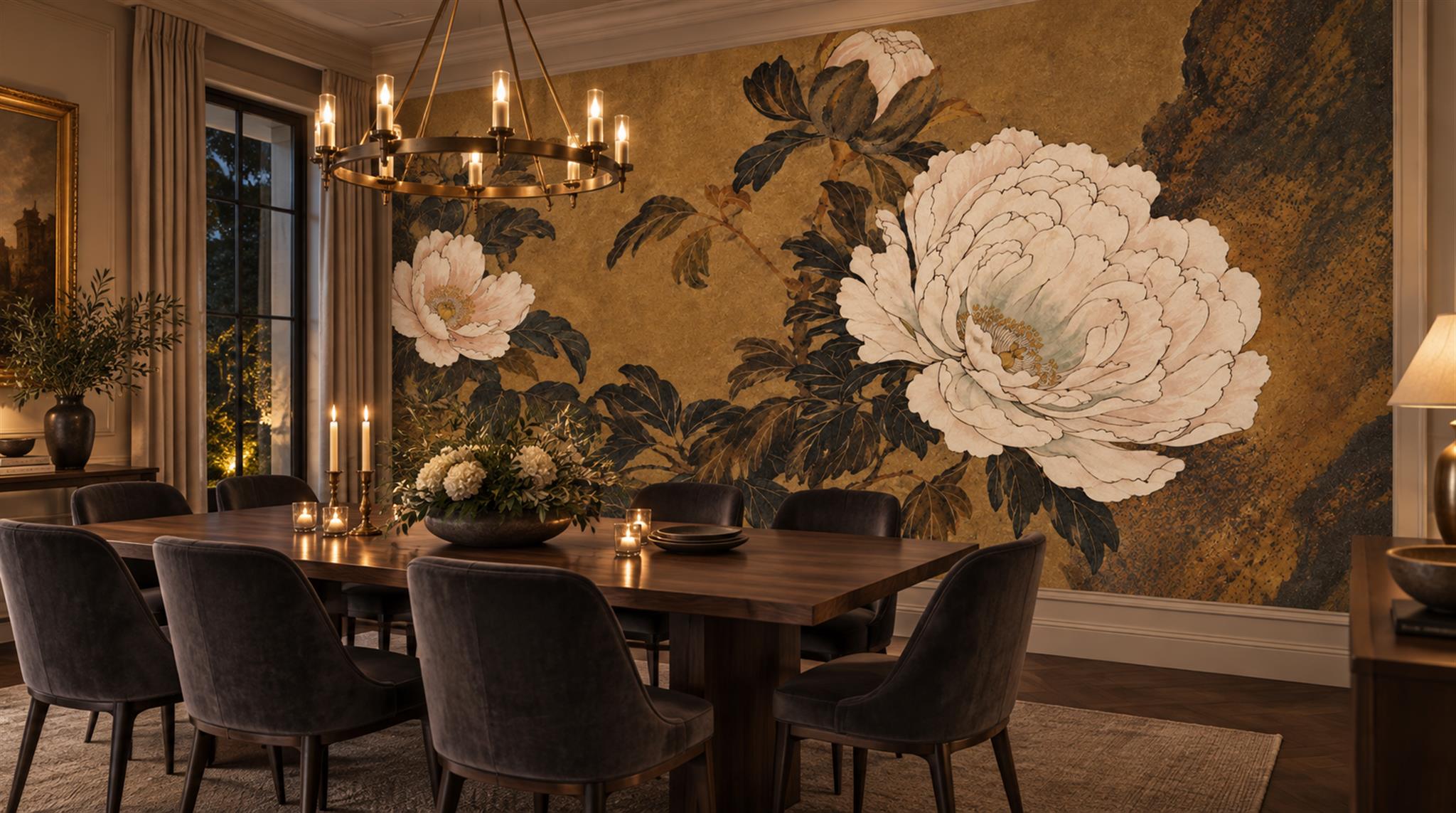 Brown And Neutral Decorative Patterning Wallpaper Mural Dining-room-wallpaper-murals, Peel-and-stick Finish