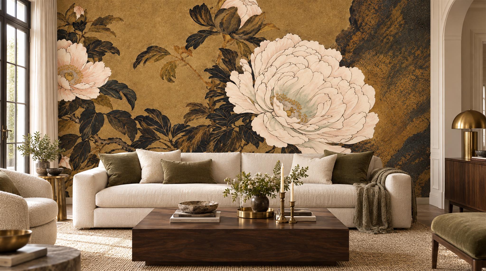 Brown And Neutral Decorative Patterning Wallpaper Mural Living-room-wallpaper-murals, Peel-and-stick Finish