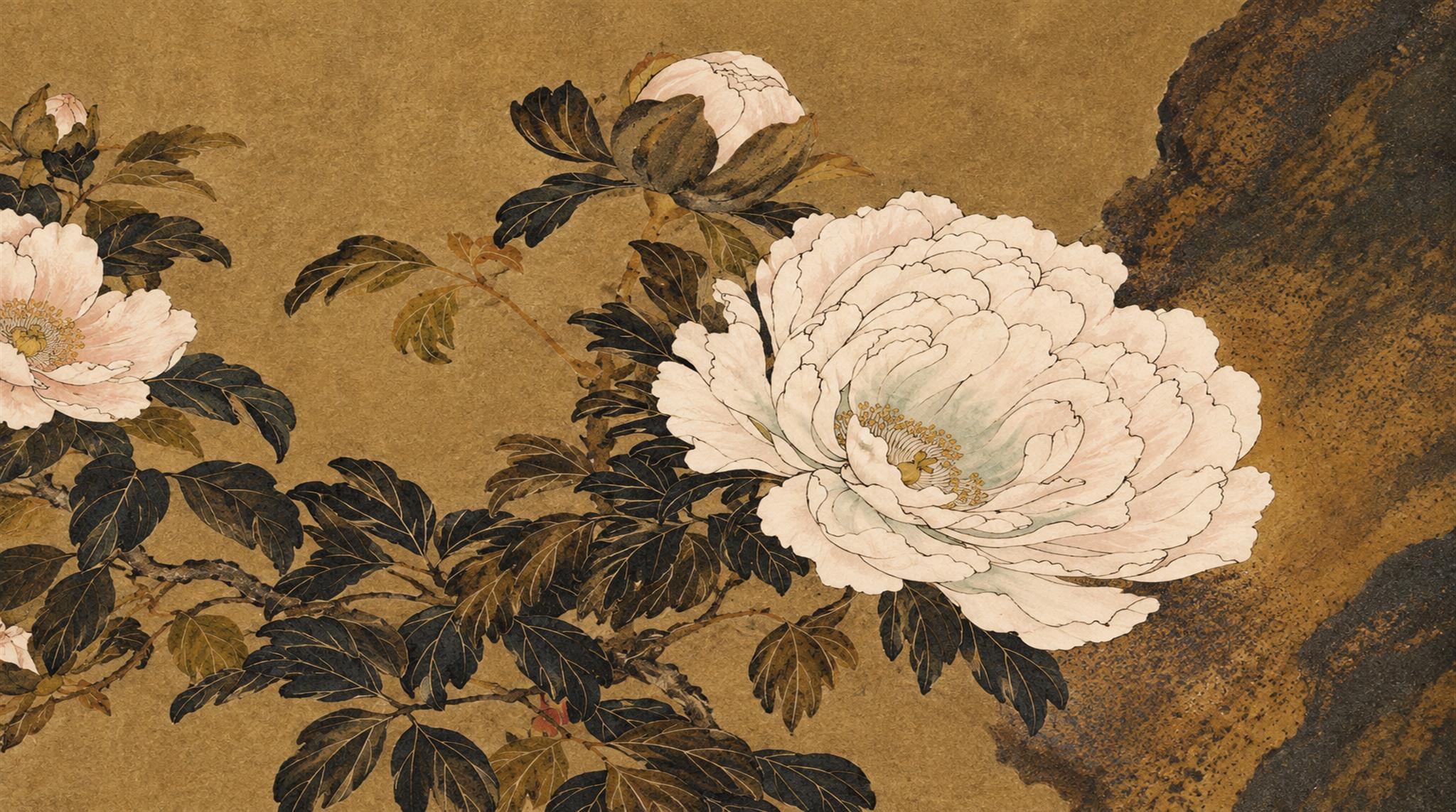 White Peonies On Antique Gold Wallpaper Mural — Wallpaper Mural Design, Peel-and-stick Finish