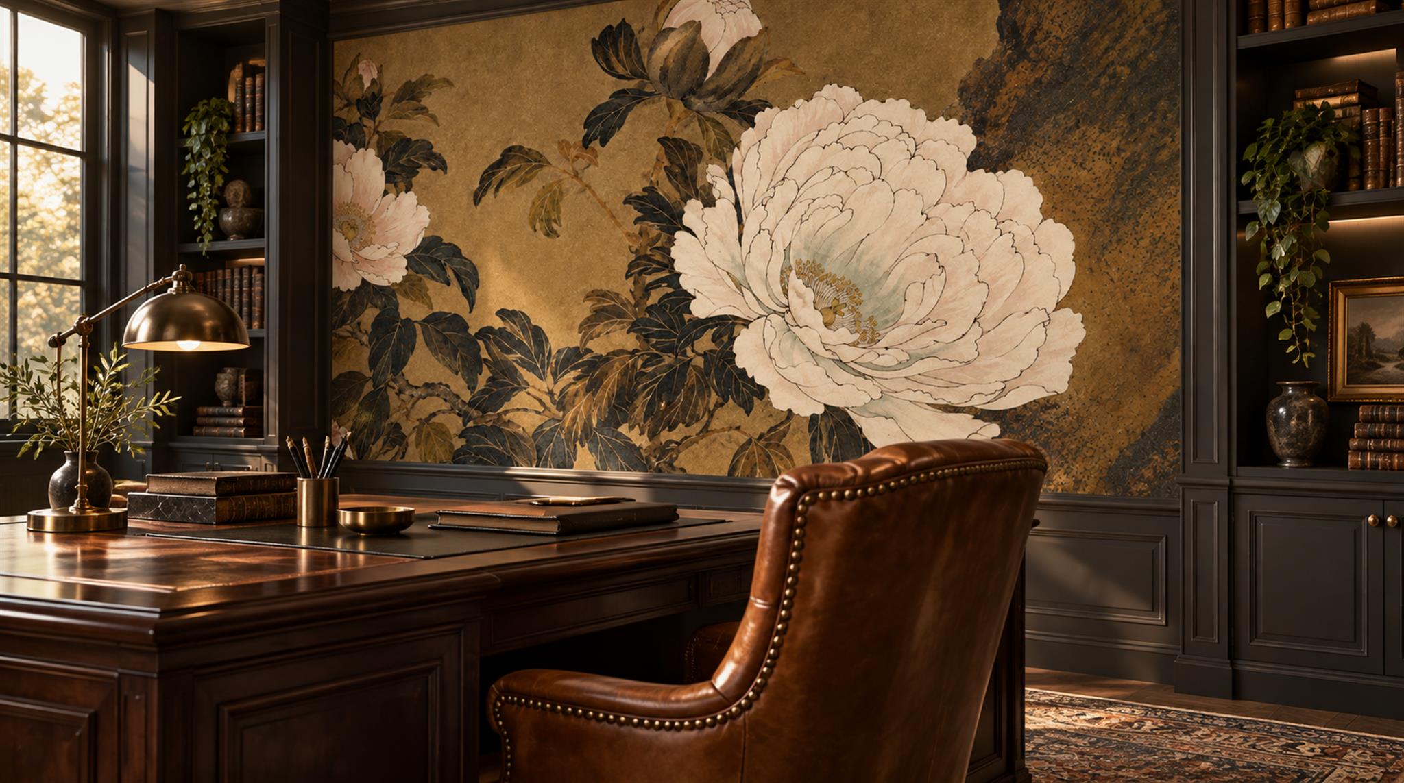 Brown And Neutral Decorative Patterning Wallpaper Mural Office-wallpaper-murals, Shown In A Home Office, Peel-and-stick Finish