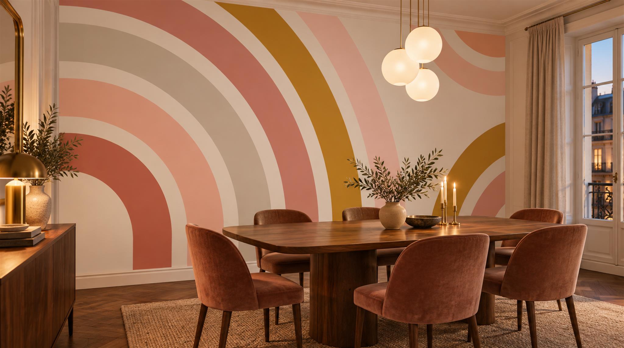 Soft Pastel And Neutral Abstract Forms Wallpaper Dining-room-wallpaper-murals, Shown In A Dining Room, Peel-and-stick Finish