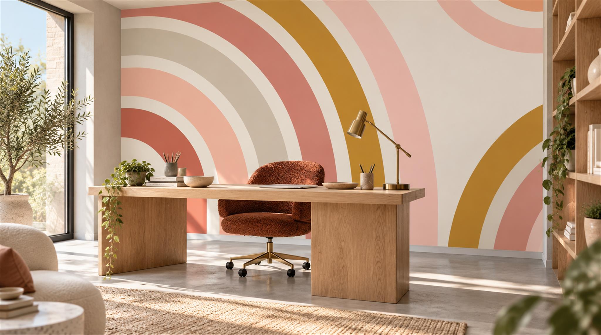 Soft Pastel And Neutral Abstract Forms Wallpaper Office-wallpaper-murals, Shown In A Home Office, Peel-and-stick Finish