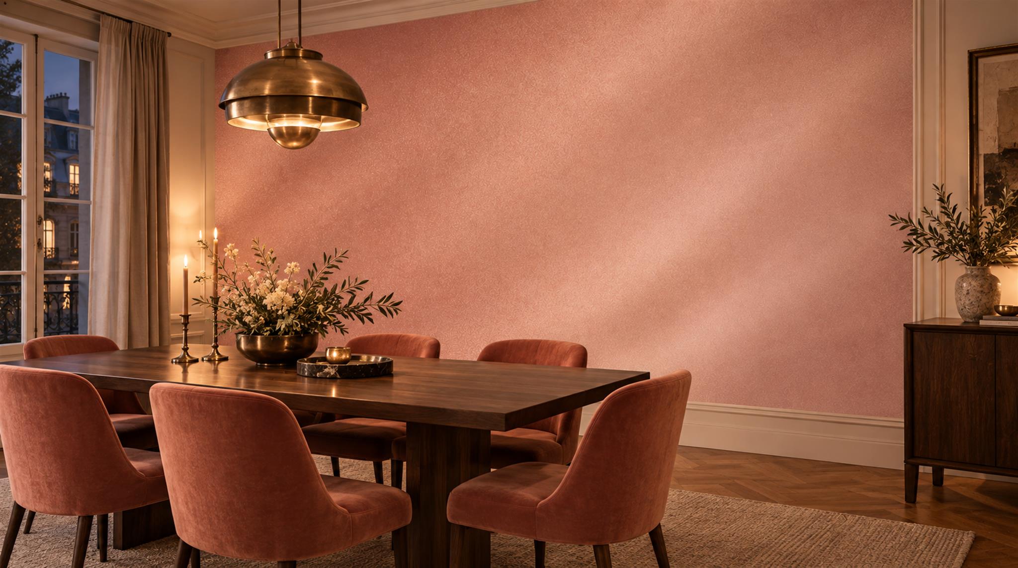 Pink And Neutral Decorative Patterning Wallpaper Mural Dining-room-wallpaper-murals, Shown In A Dining Room, Peel-and-stick Finish